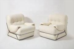 Pair of Chrome and White Bouclé Armchairs Att. Adriano Piazzesi, Italy, 1970s