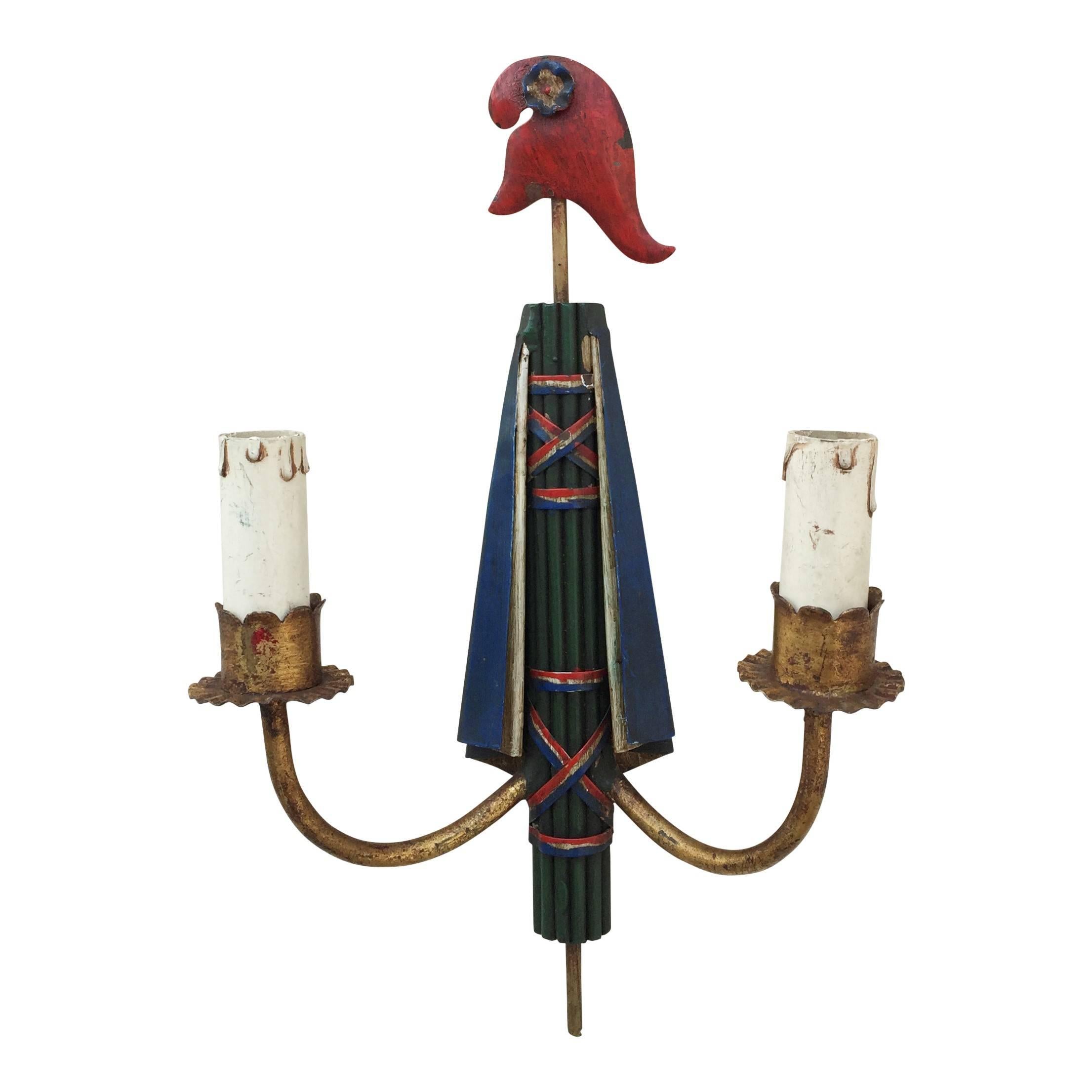 Painted plied tole
represents emblema of French Revolution 
double arm sconces.
Two pairs available.
European socket and wiring
the second pair will ship from France.
Price does not include handling, shipping and possible customs related