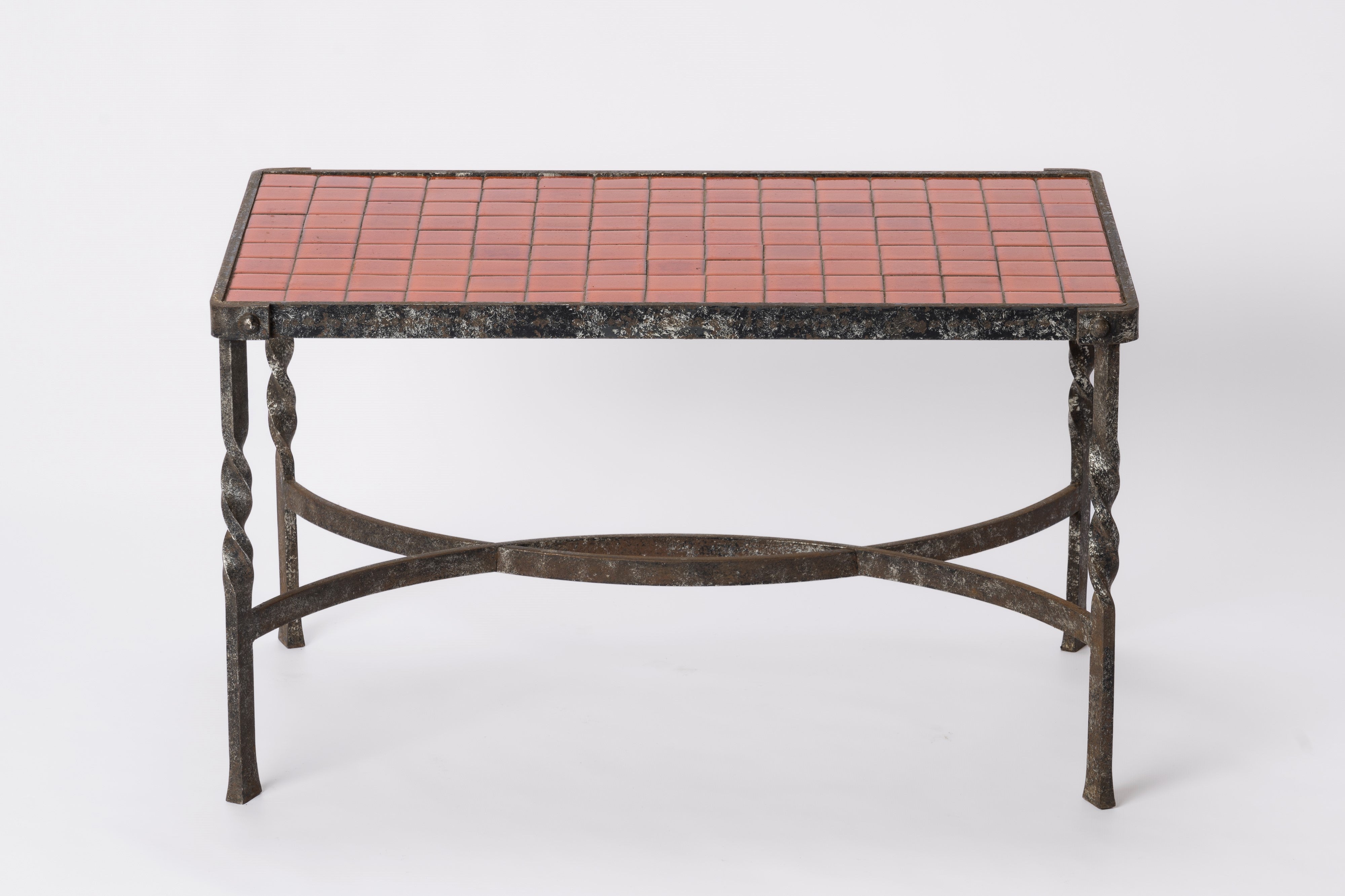 "Corail" Red Ceramic Tiles & Ferronerie d'Art Wrought Iron Coffee Table - 1970s For Sale
