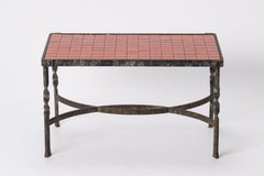 Antique "Corail" Red Ceramic Tiles & Ferronerie d'Art Wrought Iron Coffee Table - 1970s
