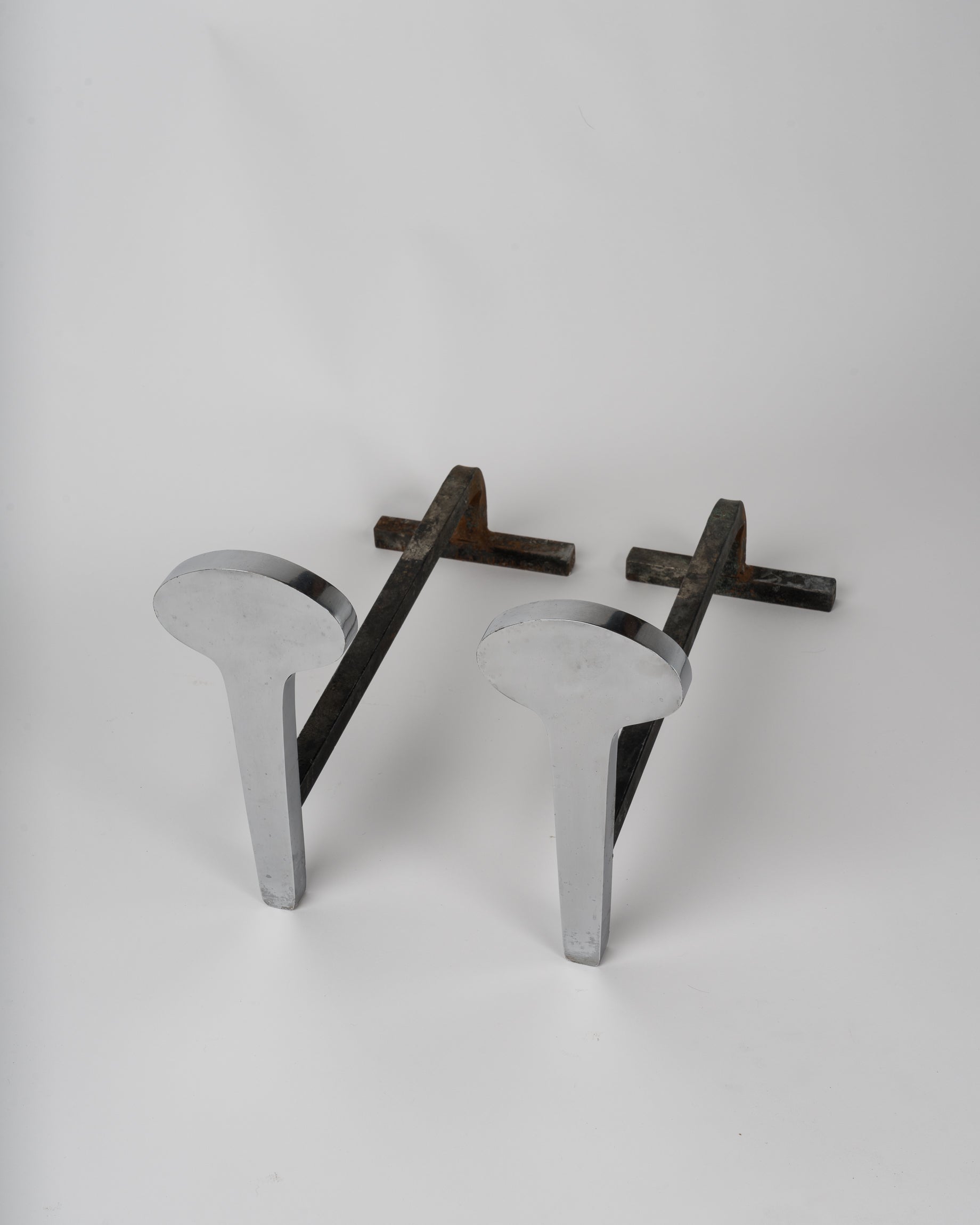 Drop Shaped Stainless Steel Andirons by Jean-Paul Créations, France, 1970s For Sale
