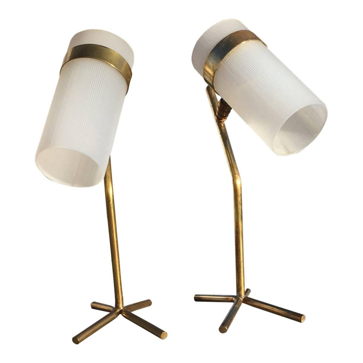 Rare pair of perspex and brass petite table lamps in the style of Biny, Guariche, Lacroix.
Shades rotates in multiple directions,
original shade is made of bet sheet of textured perspex.
Shade's diameter is 7cm.
European socket and wiring
these