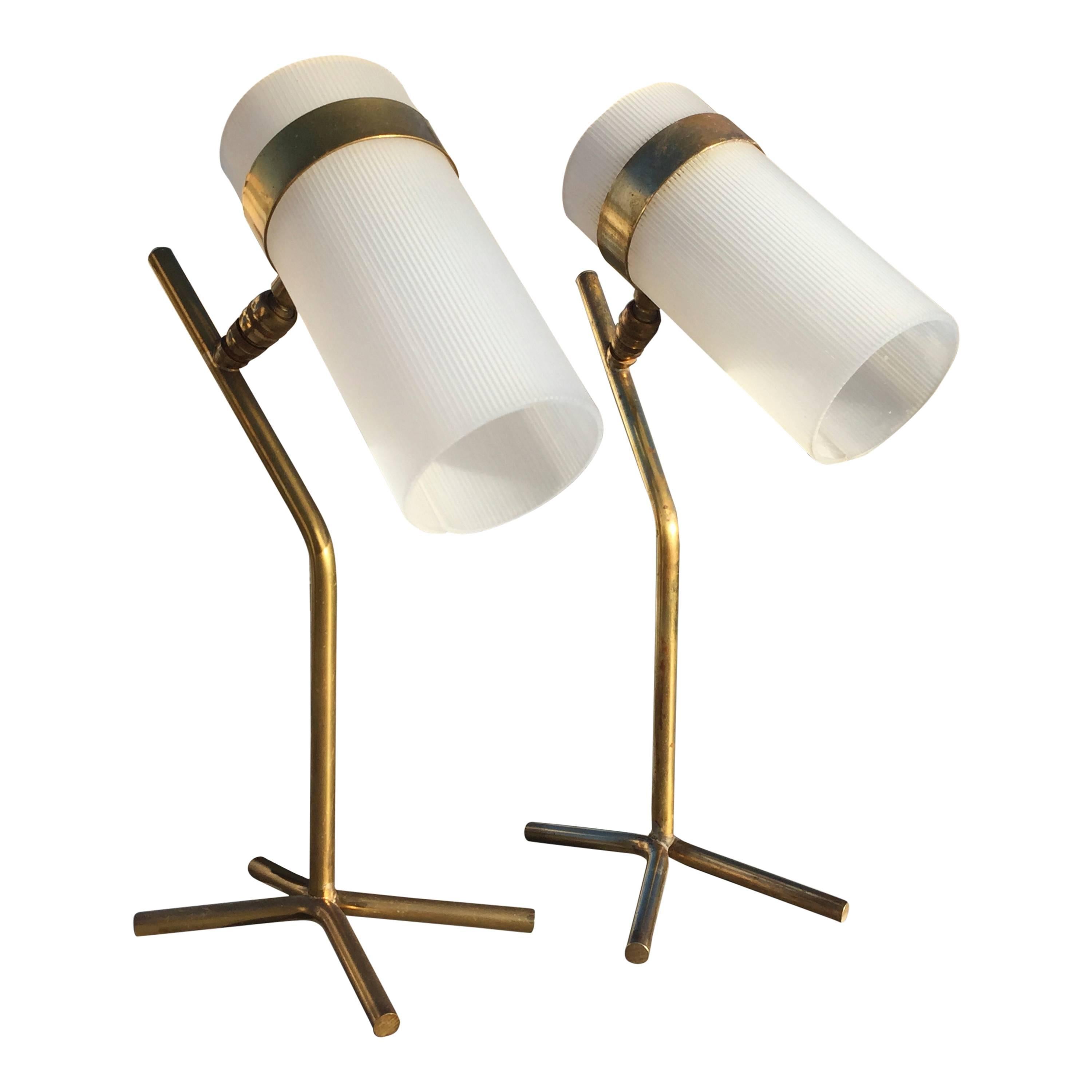 French Rare Pair of Petite Plexiglas and Brass Table Lamps, France, 1950s