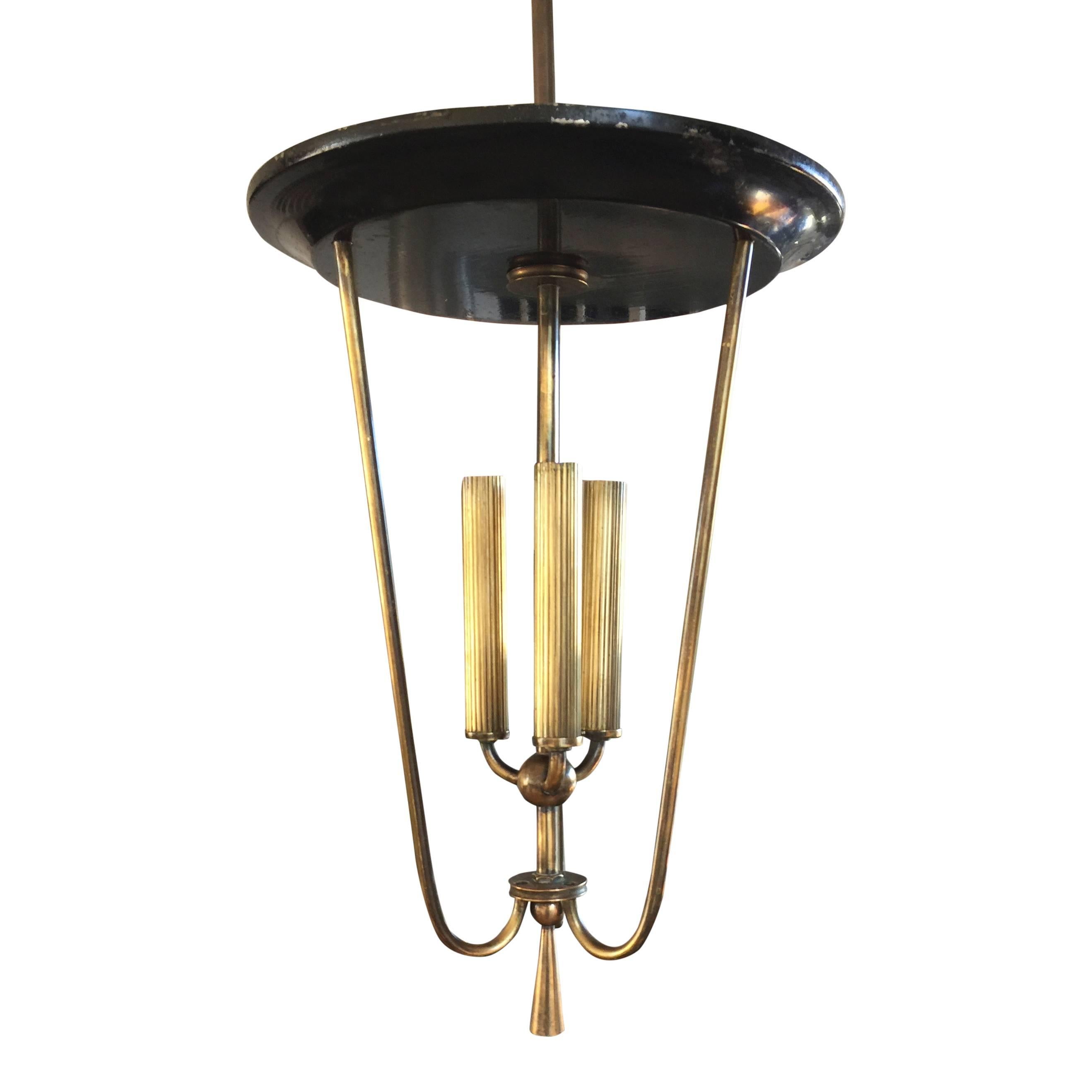 Elegant minimalist bronze and lacquered steel three-light chandelier by Arlus, France.
Beautiful details.
European socket and wiring.
Original patinated lacquer has been left as is, some scratches on lacquer.
This item will ship from