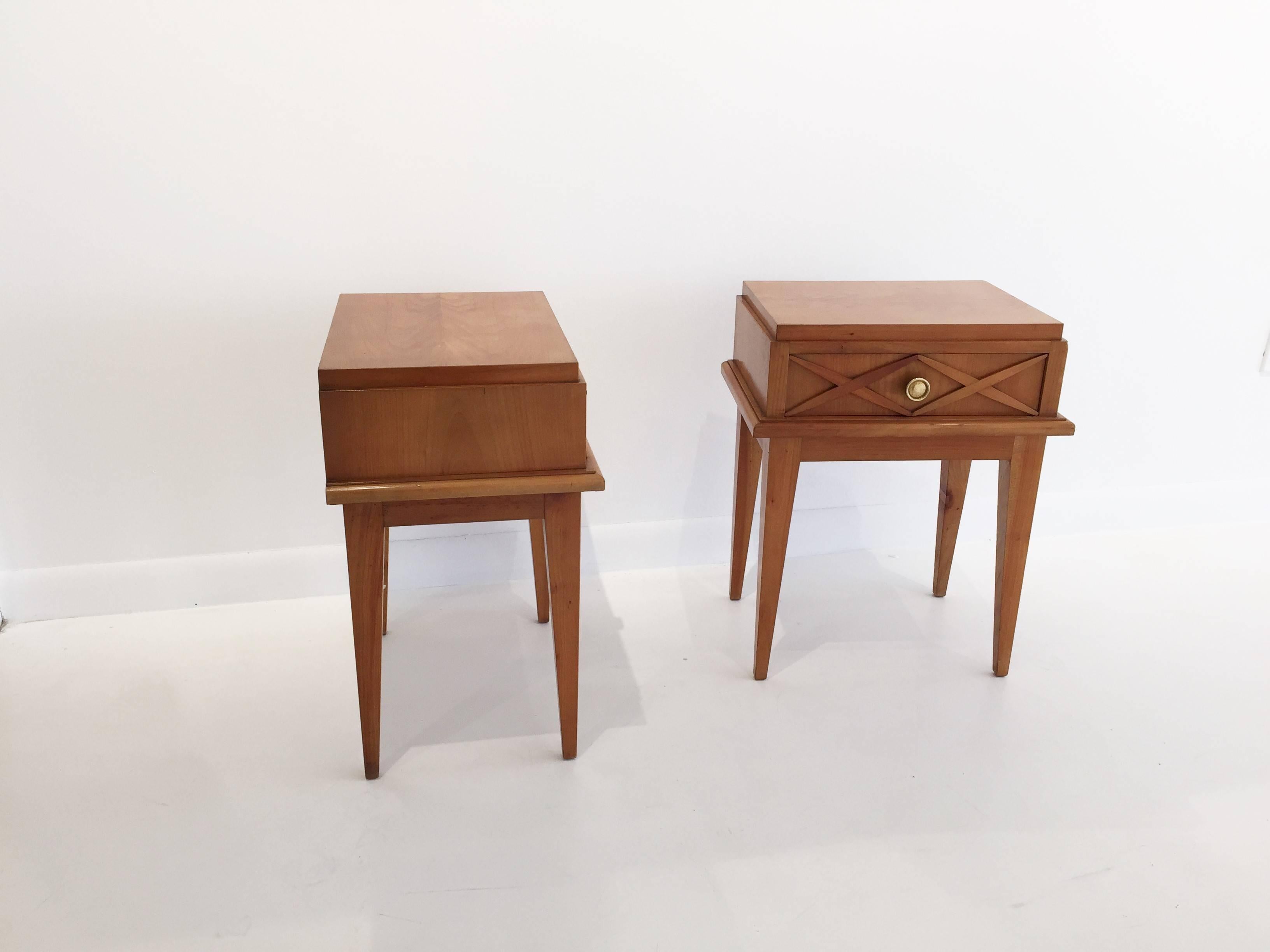 Veneer Pair of Beechwood Nighstands in the Style of Maison Gouffe, France, 1950s