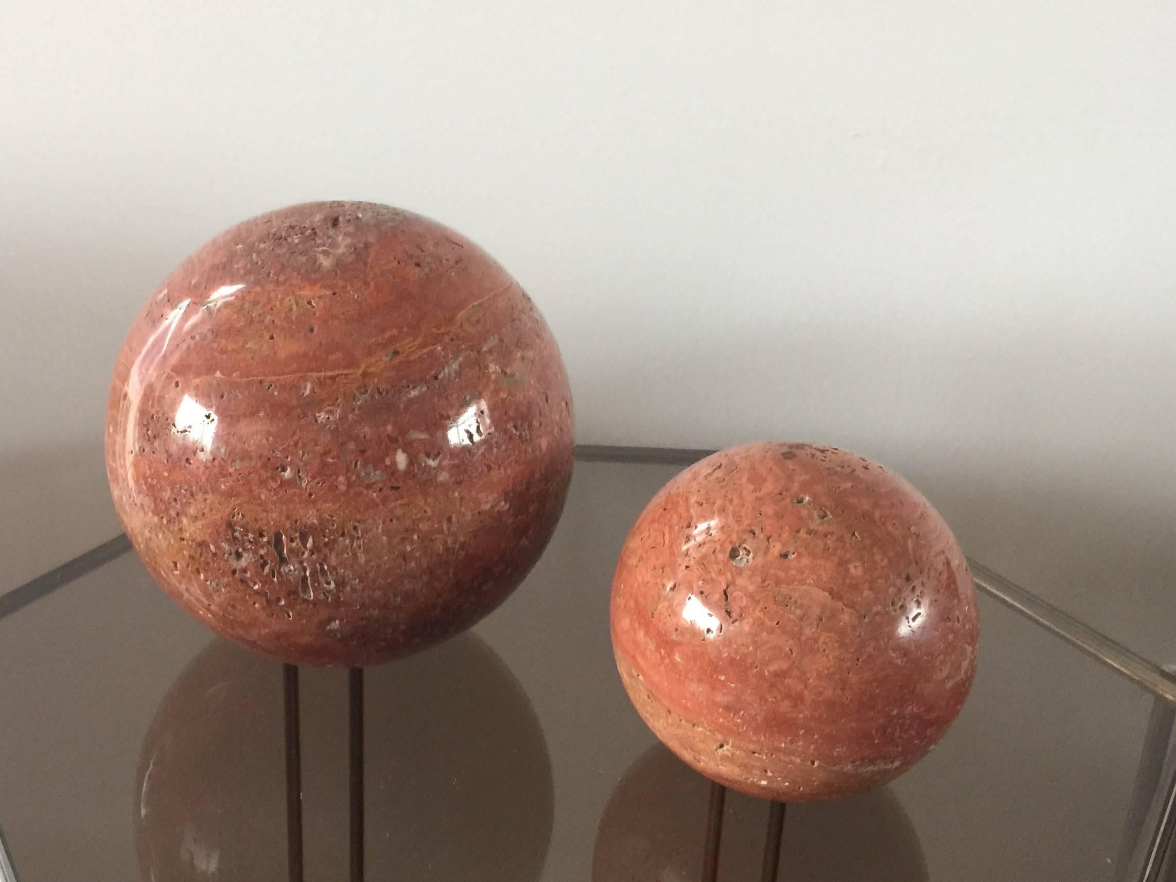 Italian Pair of Polished Red Travertine Balls, Italy, 1970s