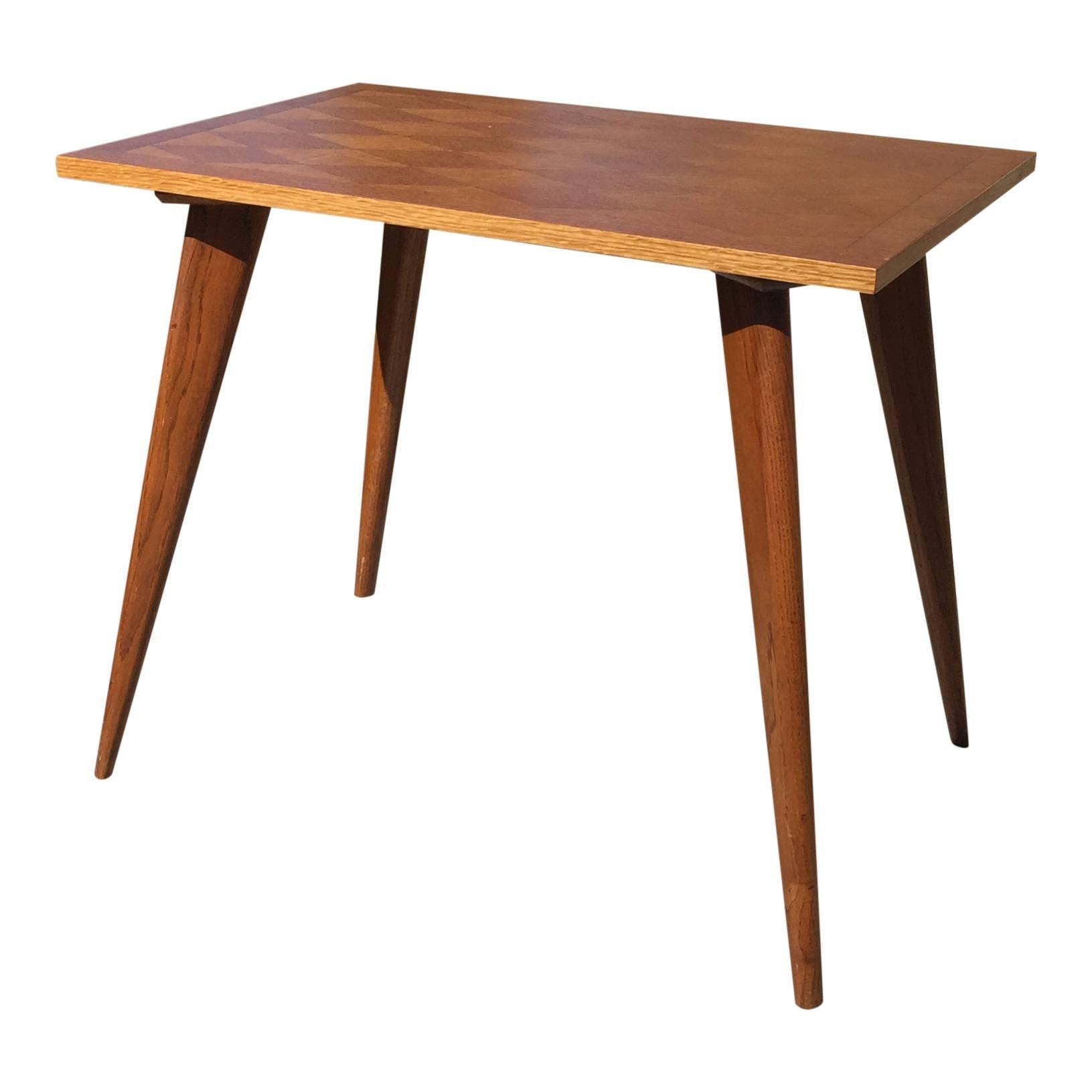 French Elegant Minimalist Petite Solid Oak Marquetry Table, France, 1950s