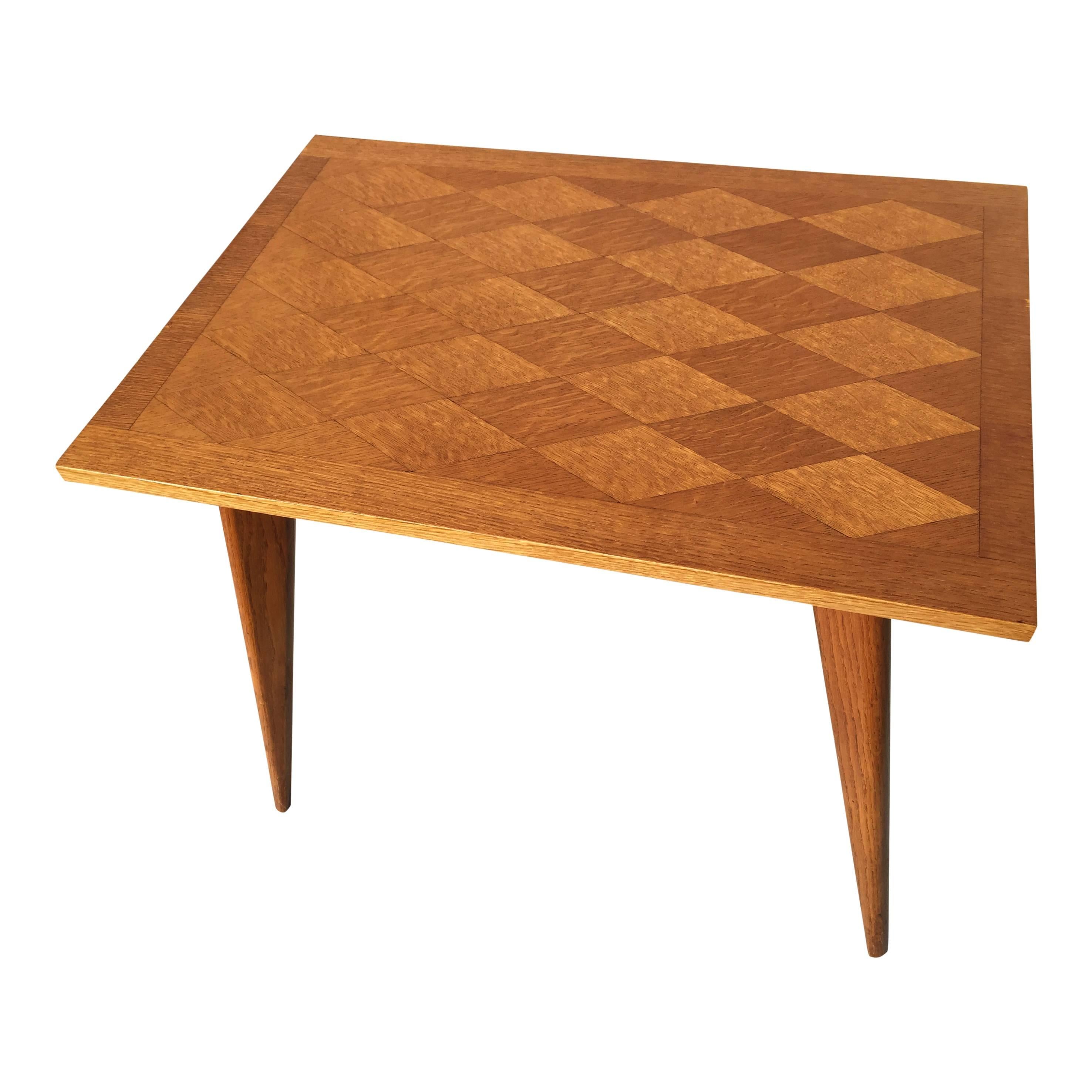 Elegant Minimalist Petite Solid Oak Marquetry Table, France, 1950s In Fair Condition In New York, NY