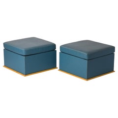 Ottomans en cuir bleu "Décorateur" avec rebords de fond en sycomore doré - France 1980's