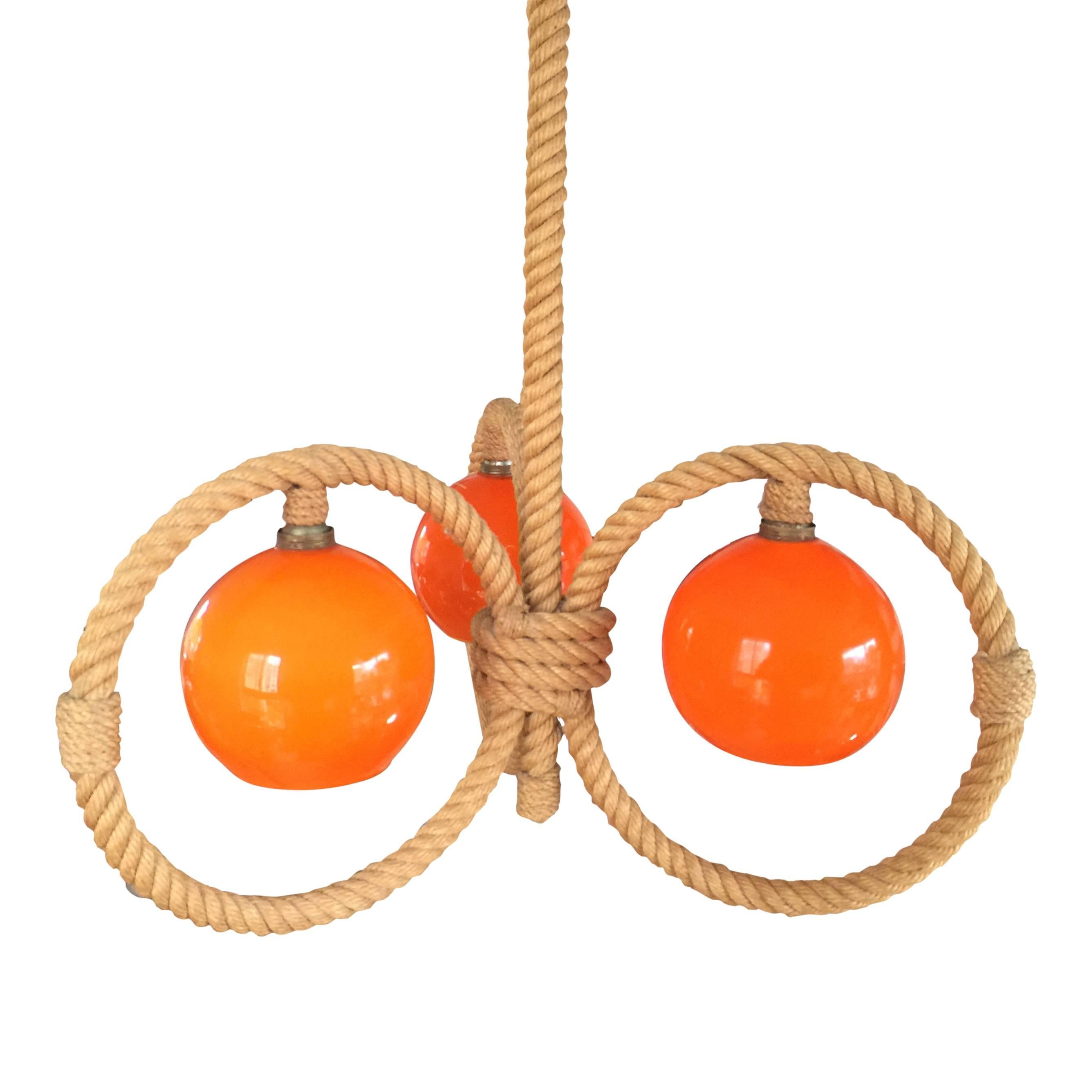French Three Arms Orange Opaline Rope Chandelier by Audoux Minet, France, 1960s