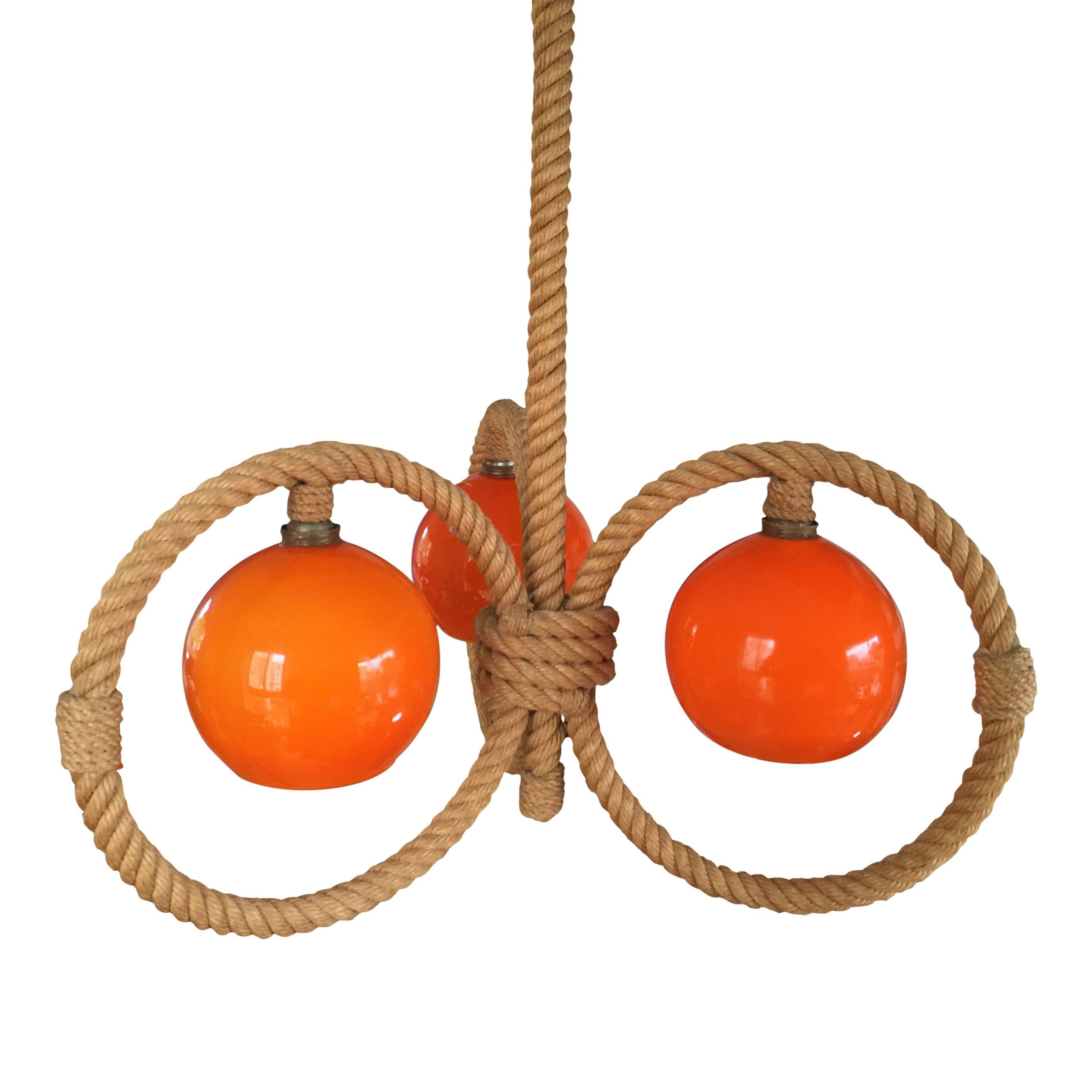 Three Arms Orange Opaline Rope Chandelier by Audoux Minet, France, 1960s In Good Condition In New York, NY