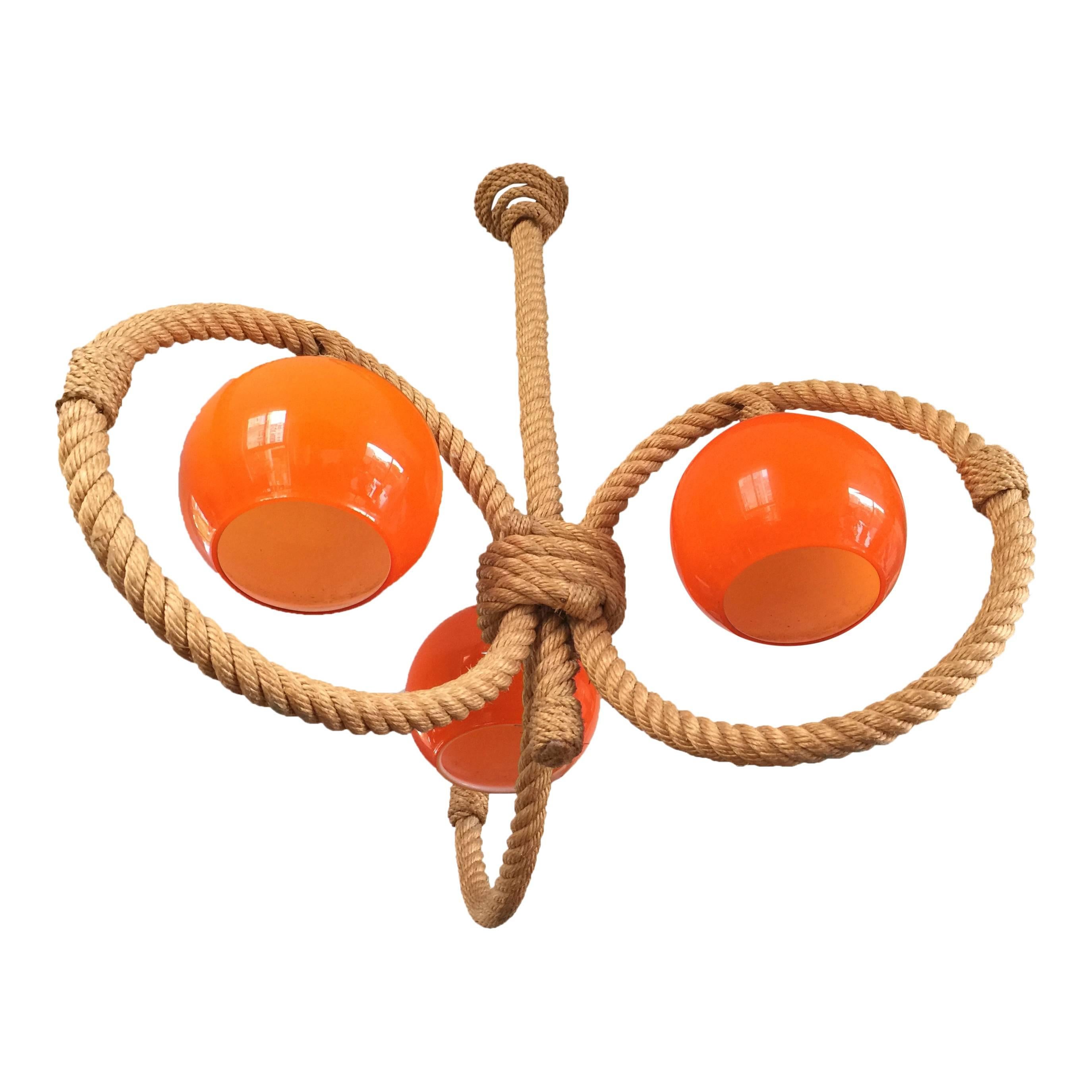 Mid-20th Century Three Arms Orange Opaline Rope Chandelier by Audoux Minet, France, 1960s