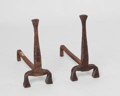 Pair of Brutalist Hammered Iron "Forgeron" Andirons - France 1970's