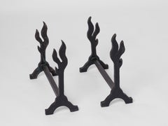 Twin "Flammes" Solid Cast Iron Andirons - France 1970's
