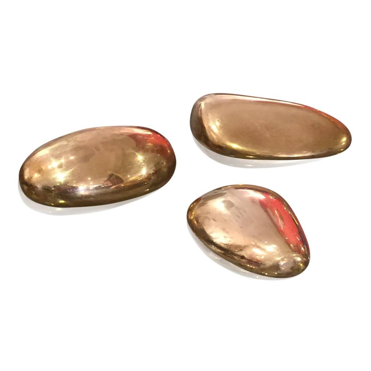 French Suite of Three Signed Solid Patinated Bronze Paperweights, France, 1970s