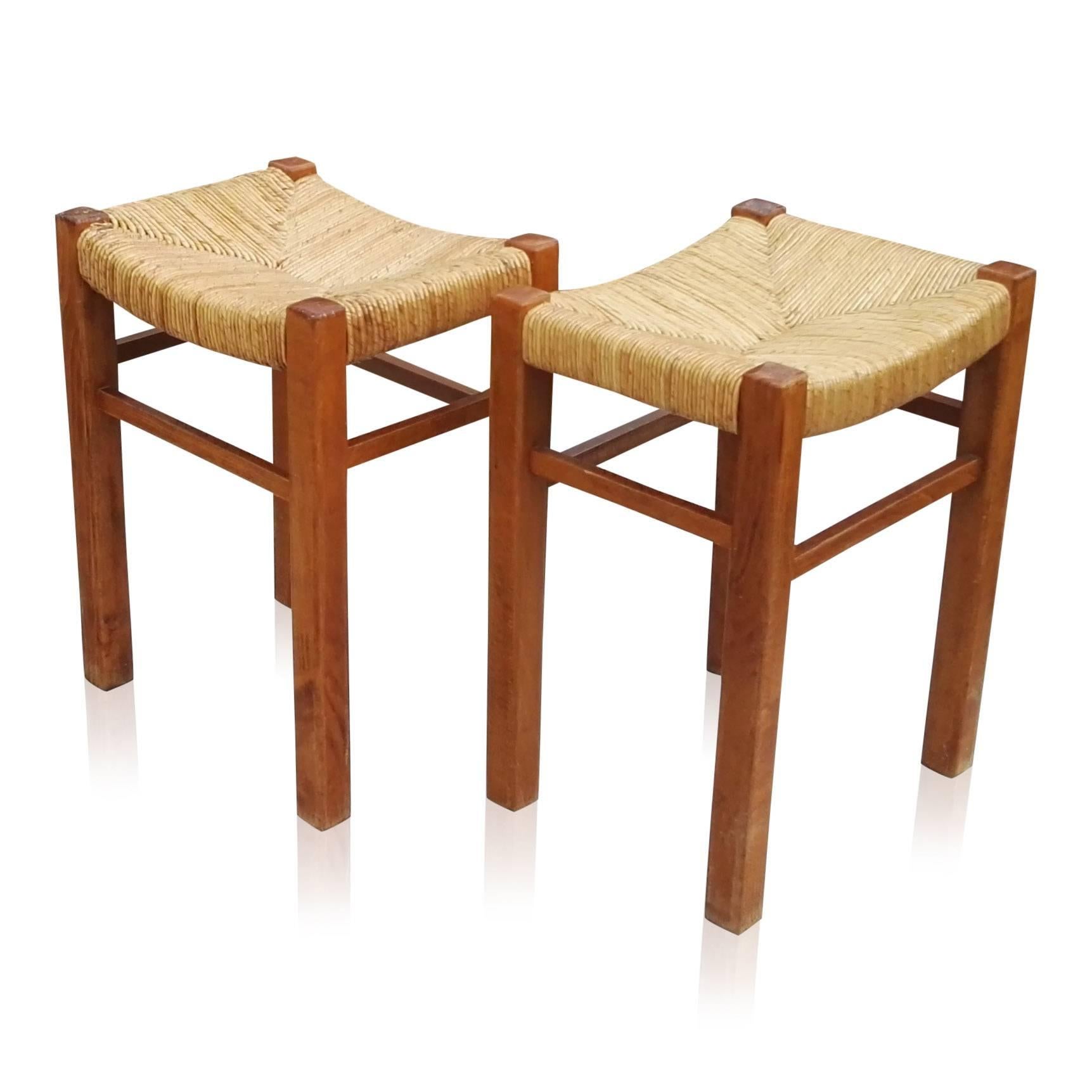 French Pair of Rush Stools by Pierre Gautier-Delaye, France, 1970s