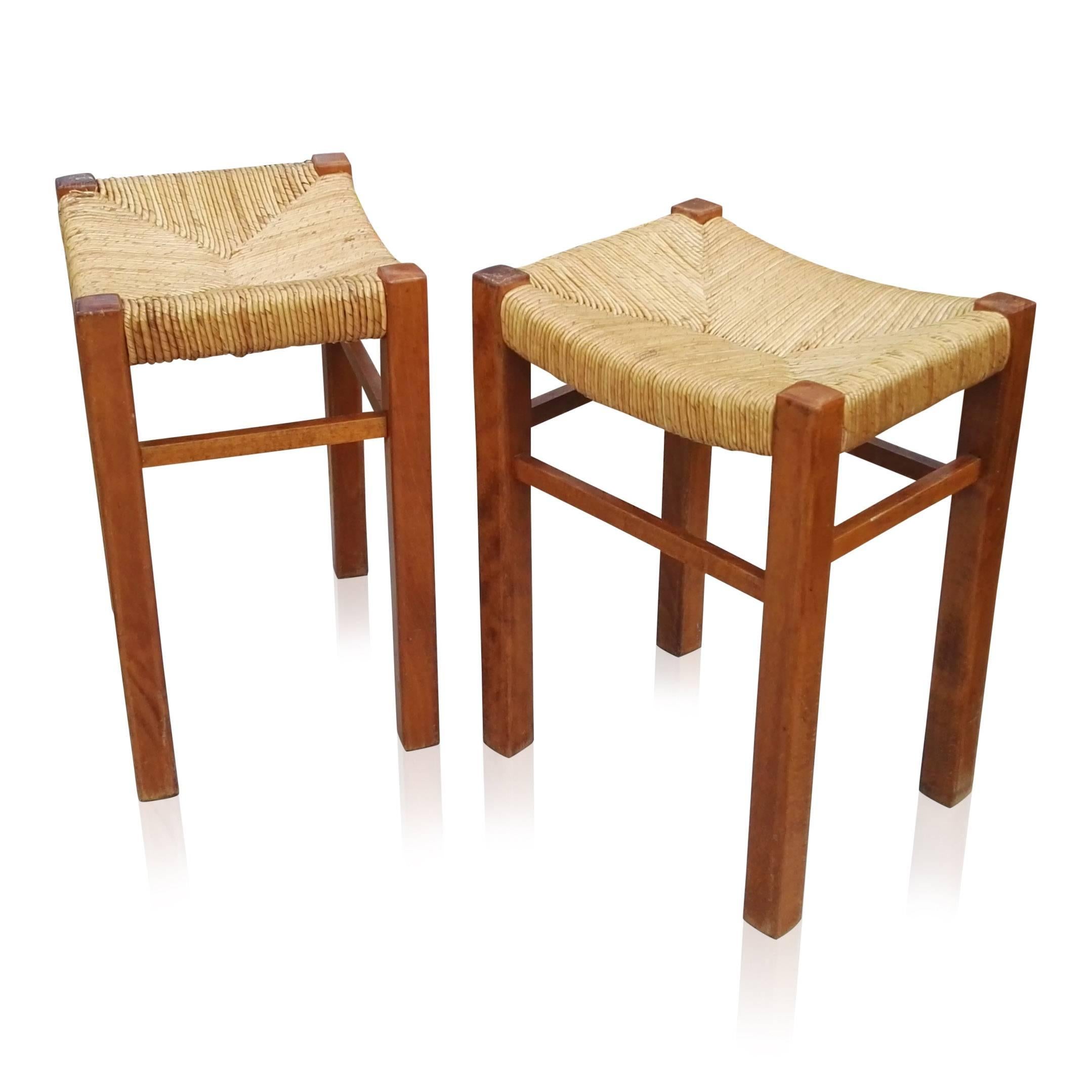 Pair of Rush Stools by Pierre Gautier-Delaye, France, 1970s In Good Condition In New York, NY