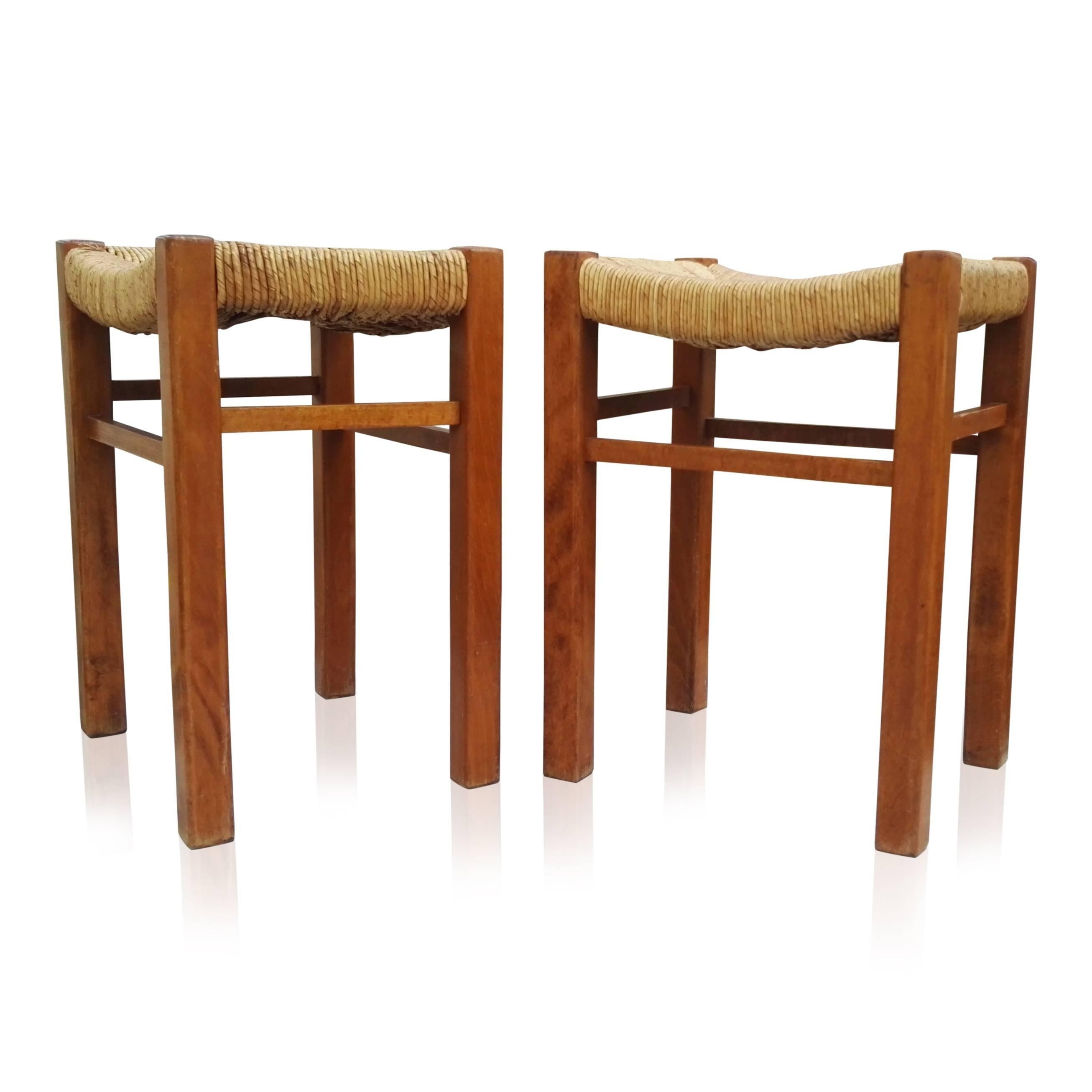 Late 20th Century Pair of Rush Stools by Pierre Gautier-Delaye, France, 1970s