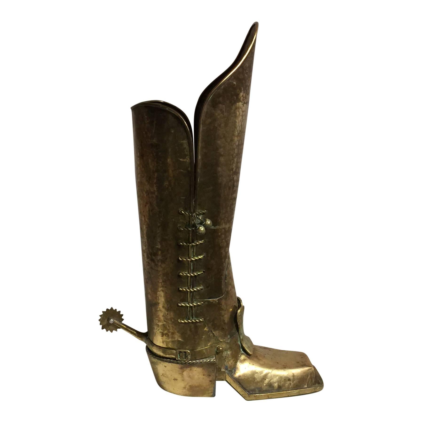 One of a kind patinated and hammered brass sheet umbrella Stand in shape of boot.