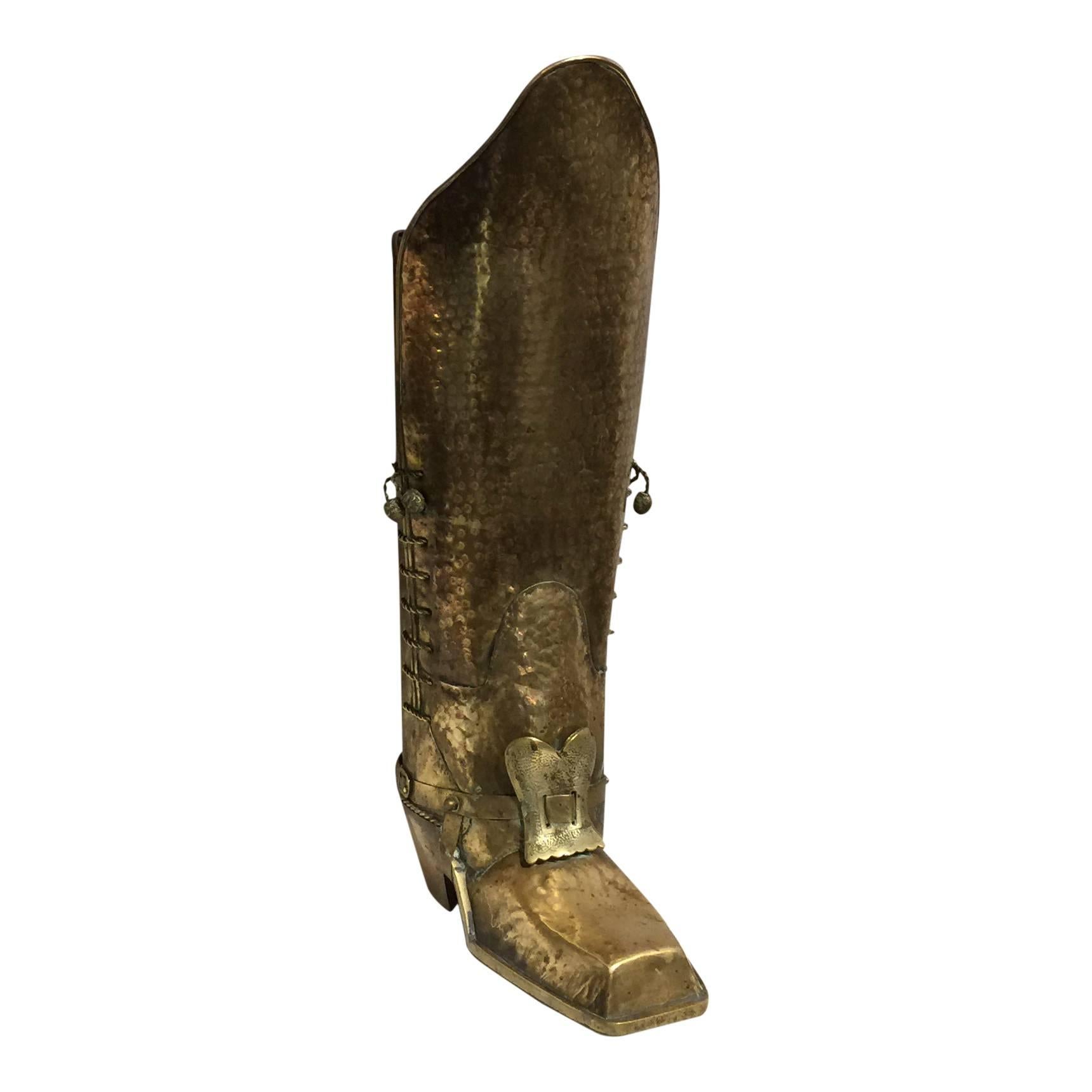 Italian Unusual Patinated Brass Boot Shaped Umbrella Stand, Italy, 1960s