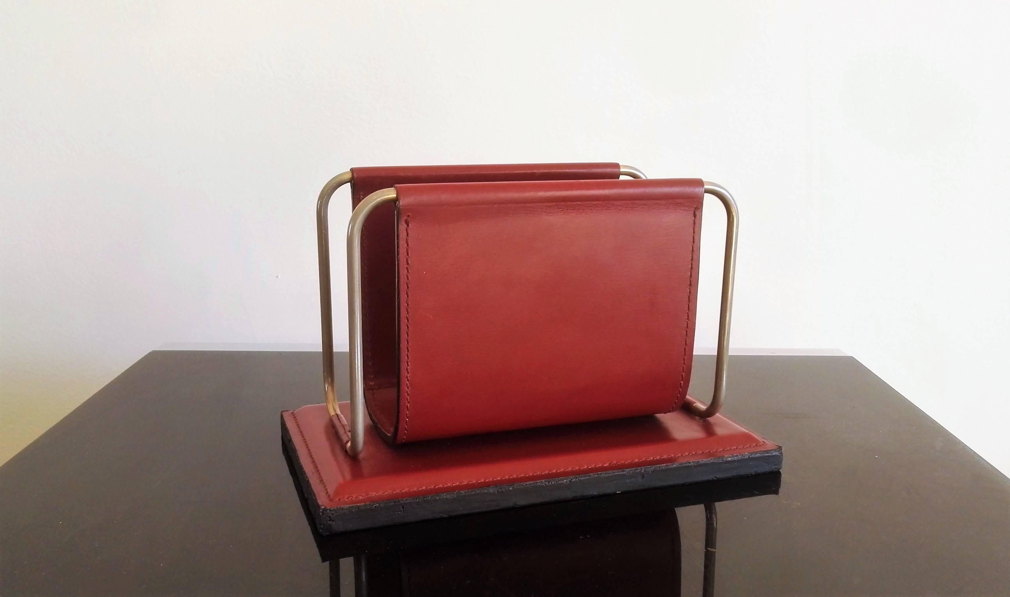 French Stitched Bordeaux Leather Letter Rack by Longchamp, France, 1970s