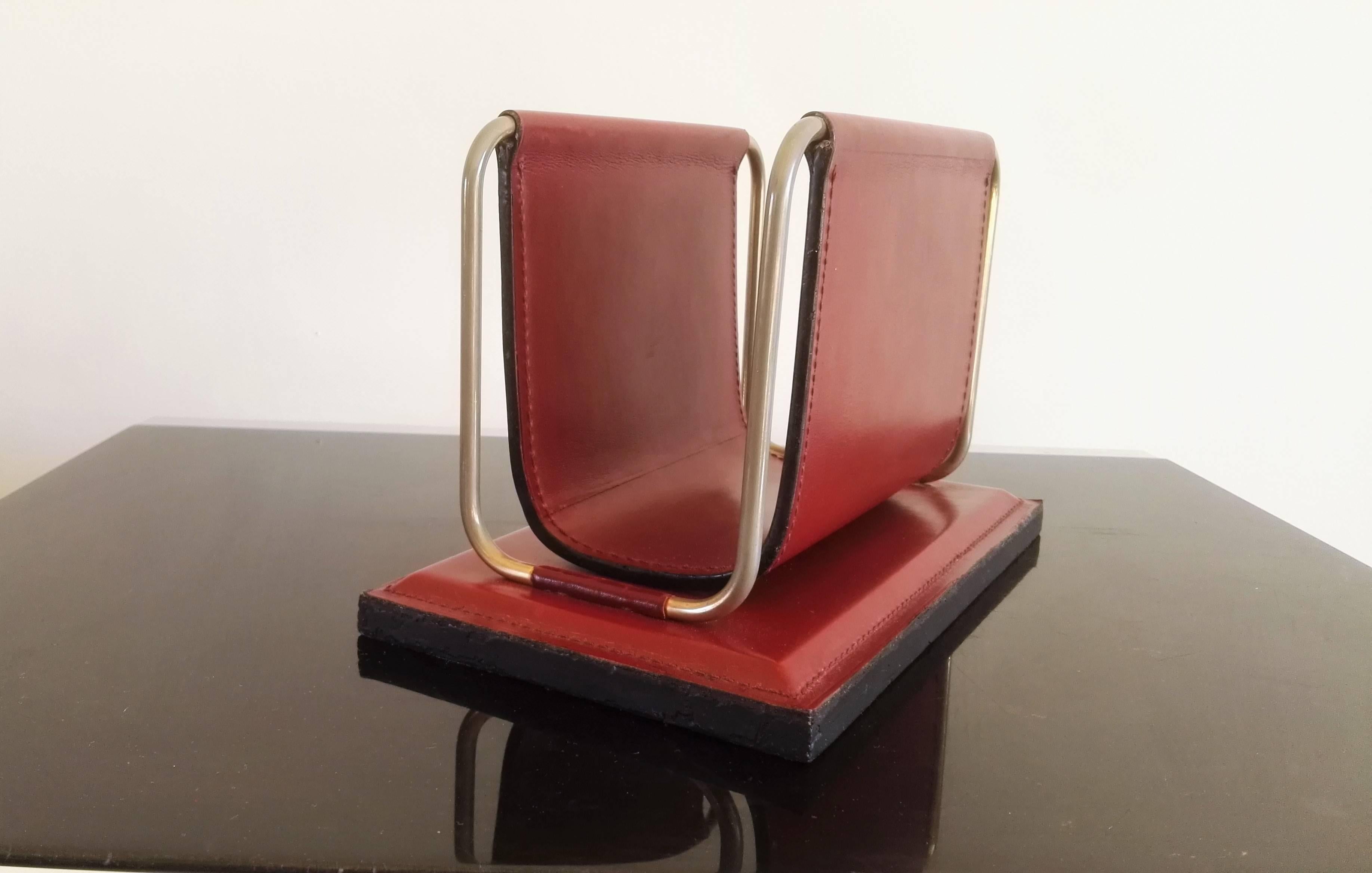 Late 20th Century Stitched Bordeaux Leather Letter Rack by Longchamp, France, 1970s
