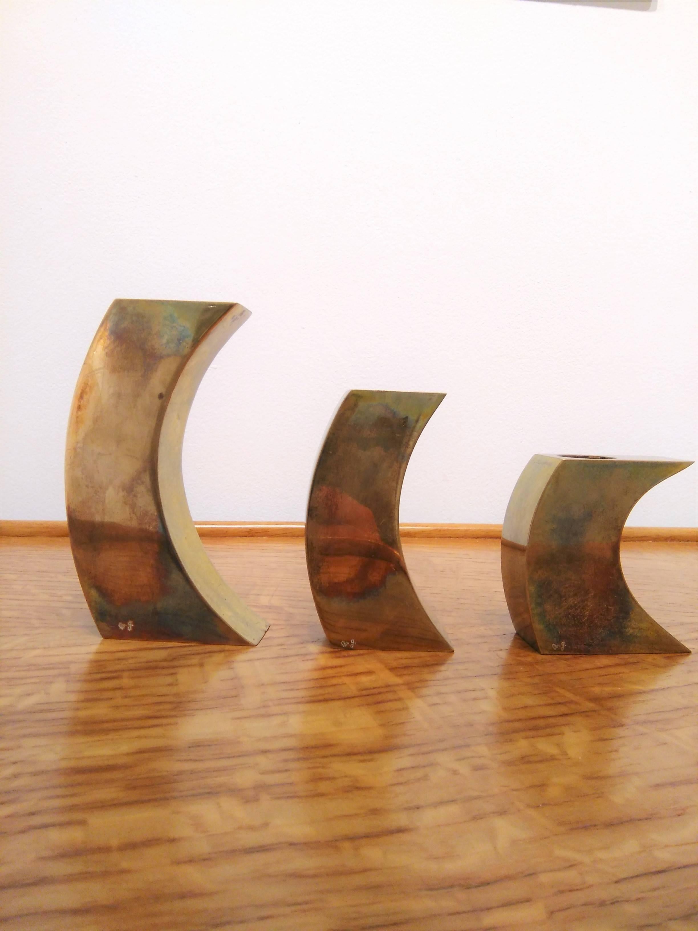 French Signed Suite of Three Solid Patinated Bronze Candle Holders, France, 1970s