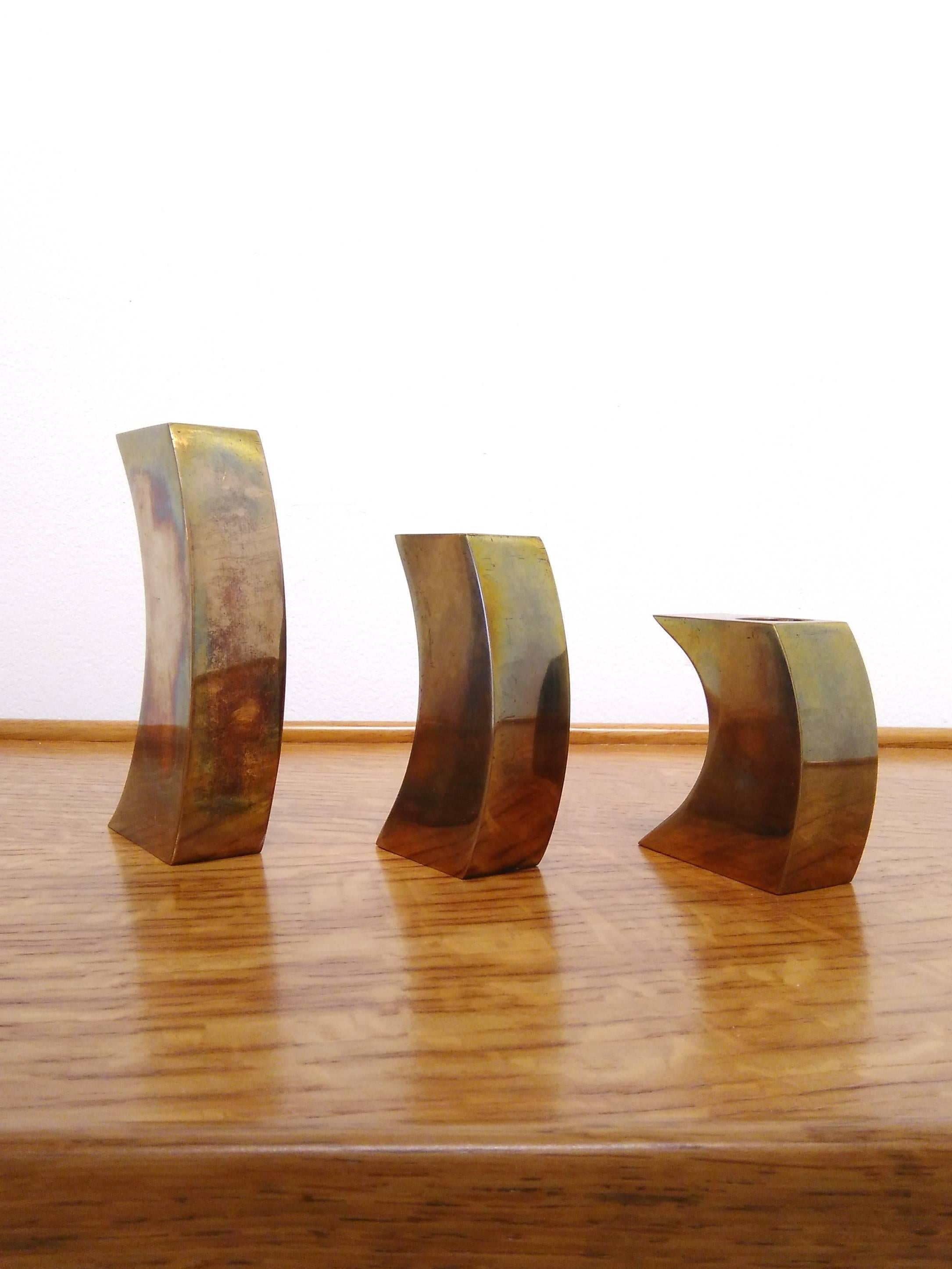 Late 20th Century Signed Suite of Three Solid Patinated Bronze Candle Holders, France, 1970s