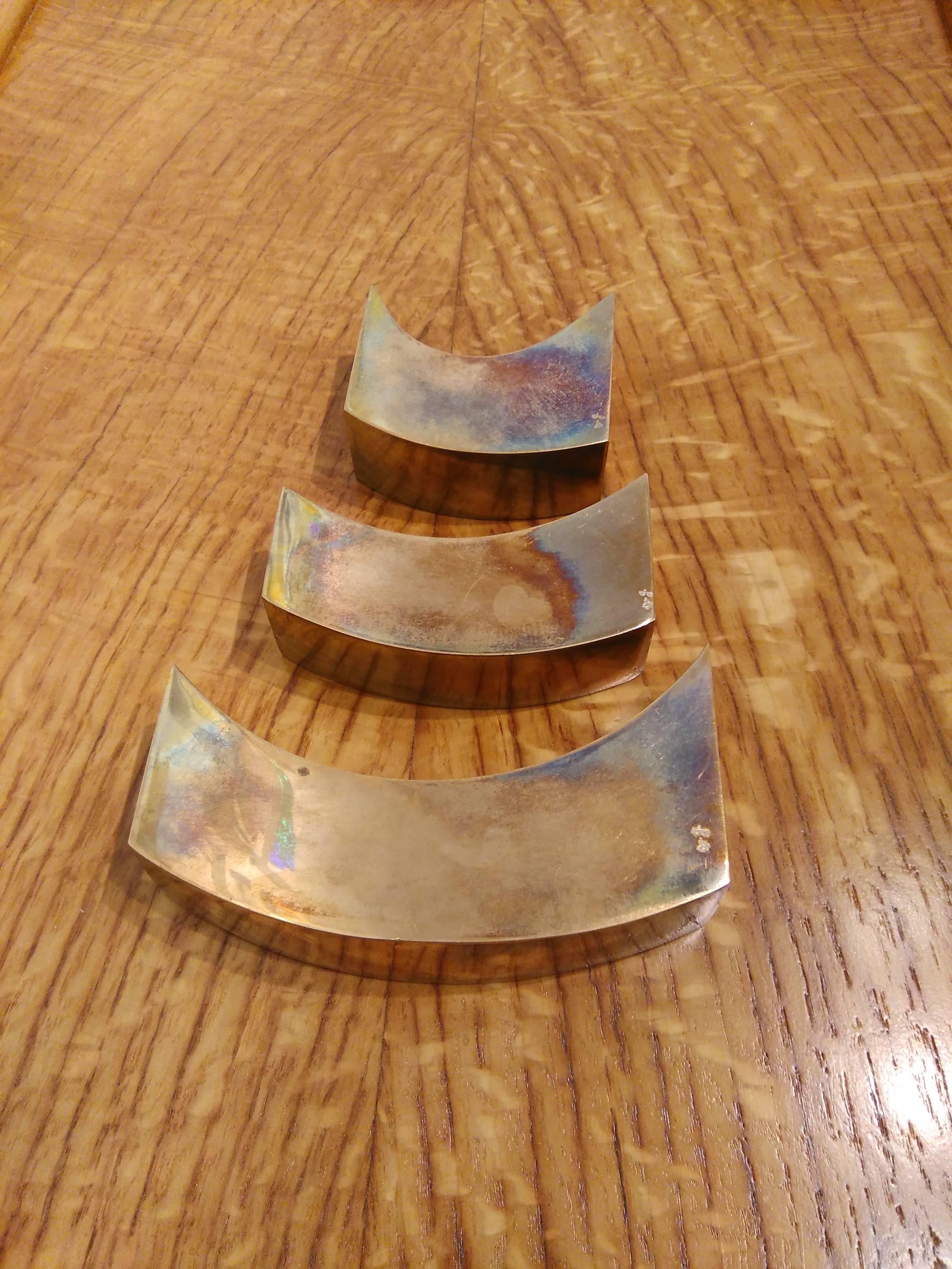 Signed Suite of Three Solid Patinated Bronze Candle Holders, France, 1970s 3