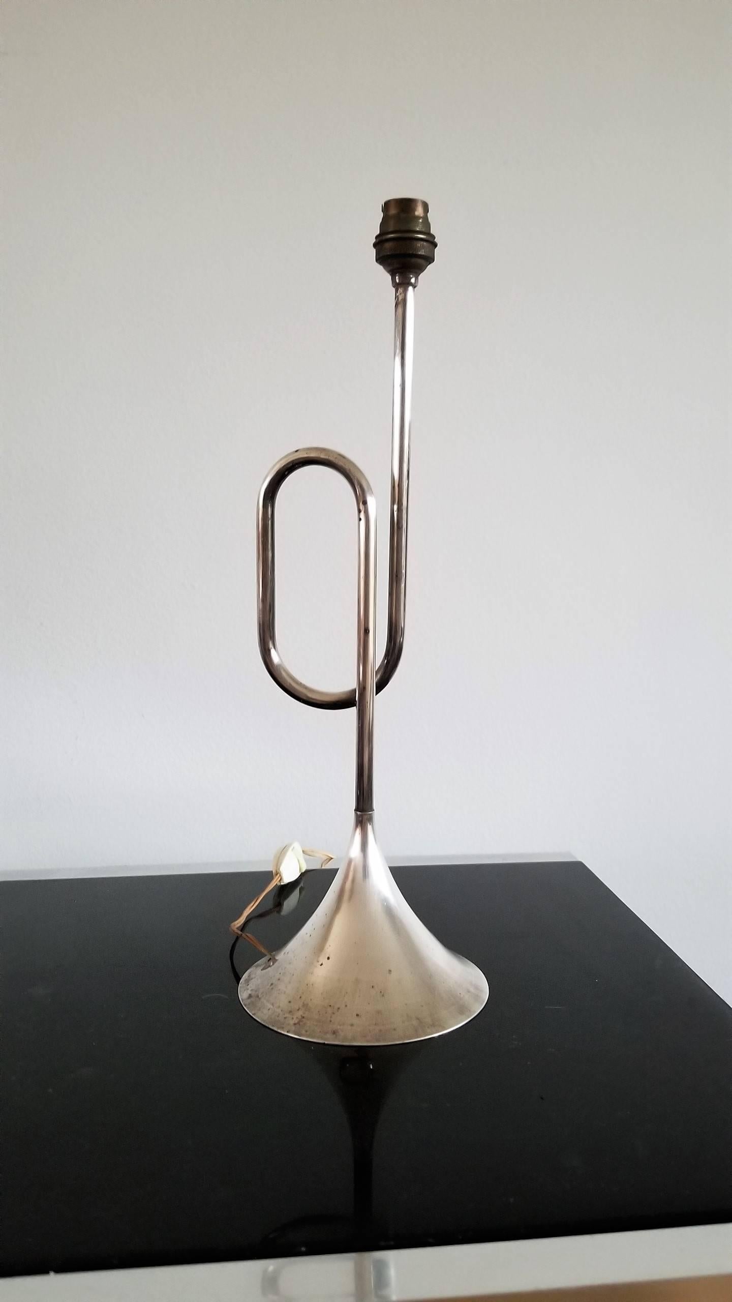 Brass Silver Plated Trumpet Shaped Table Lamp France, 1970s For Sale