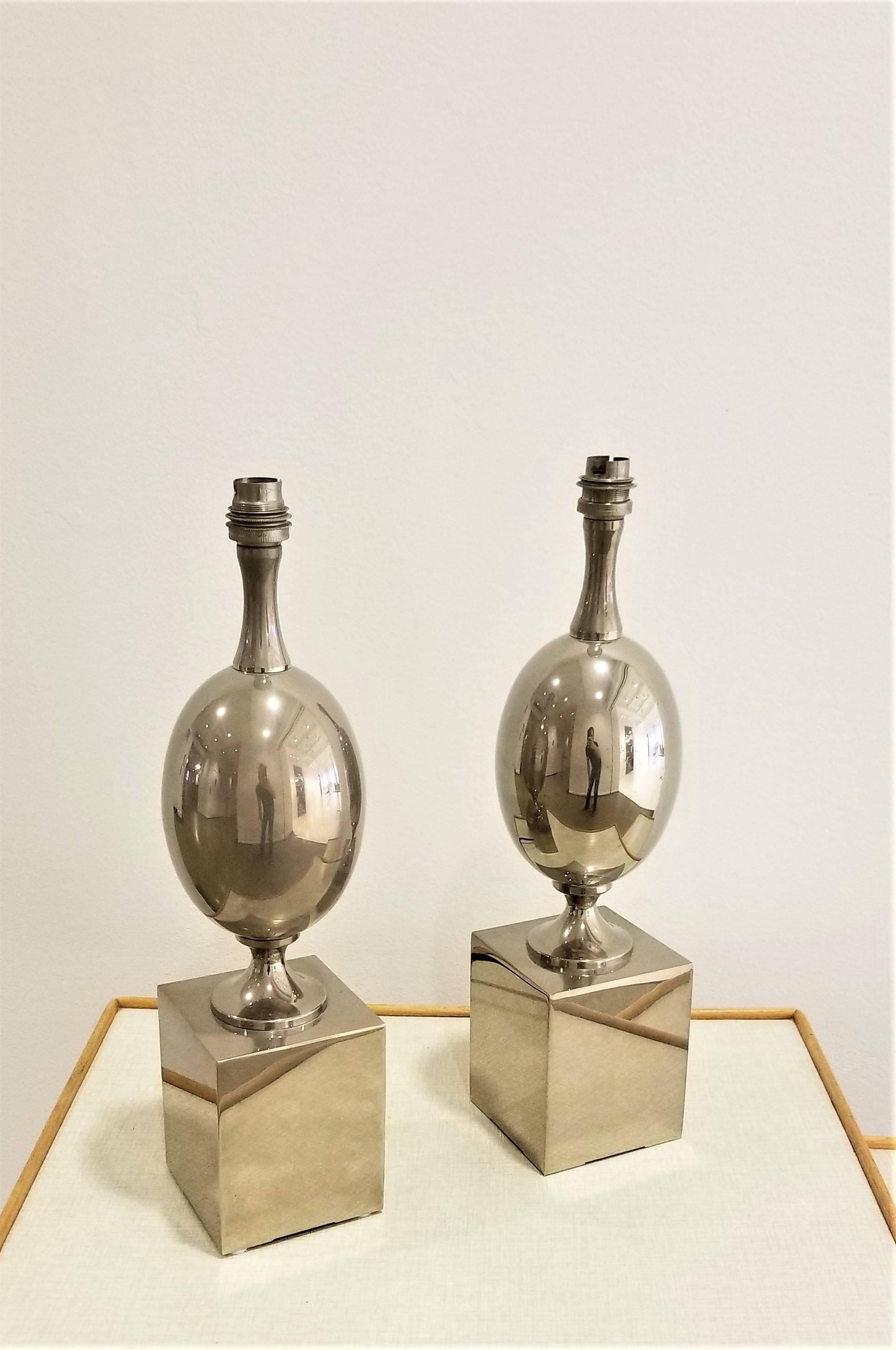 Pair of Nickel-Plated Brass Table Lamps by Philippe Barbier, France, 1970s In Good Condition In New York, NY