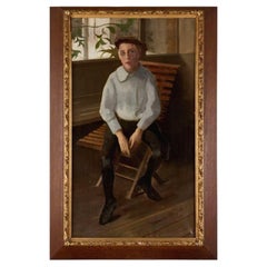 1902 Grande dipinto a olio svedese raffigurante un ragazzino con un berretto
