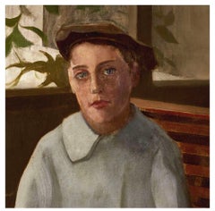 1902 Large swedish oil painting of a young boy wearing a cap