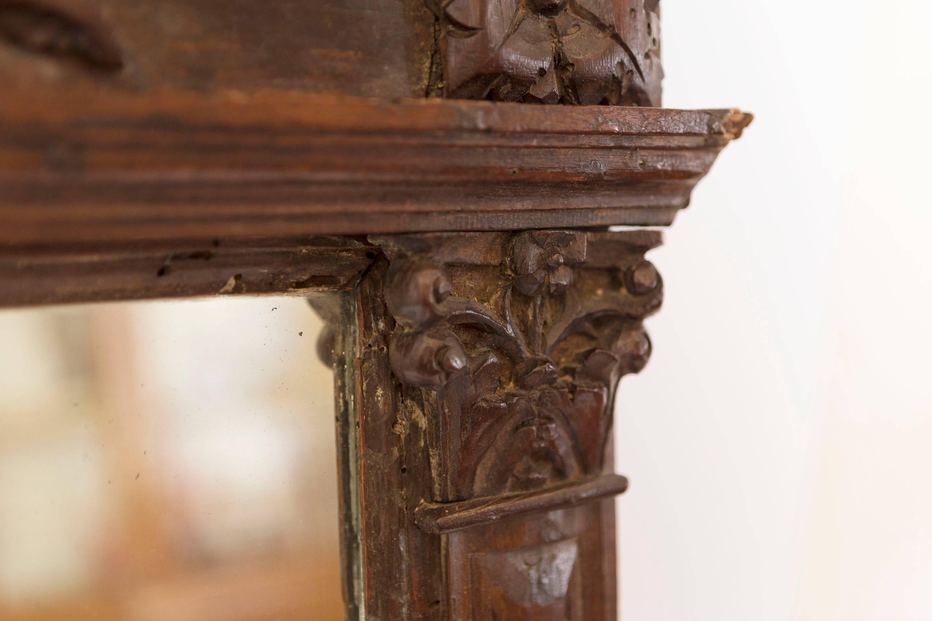 18th Century Italian Wood Mirror with Pediment and Cherub Detail 1