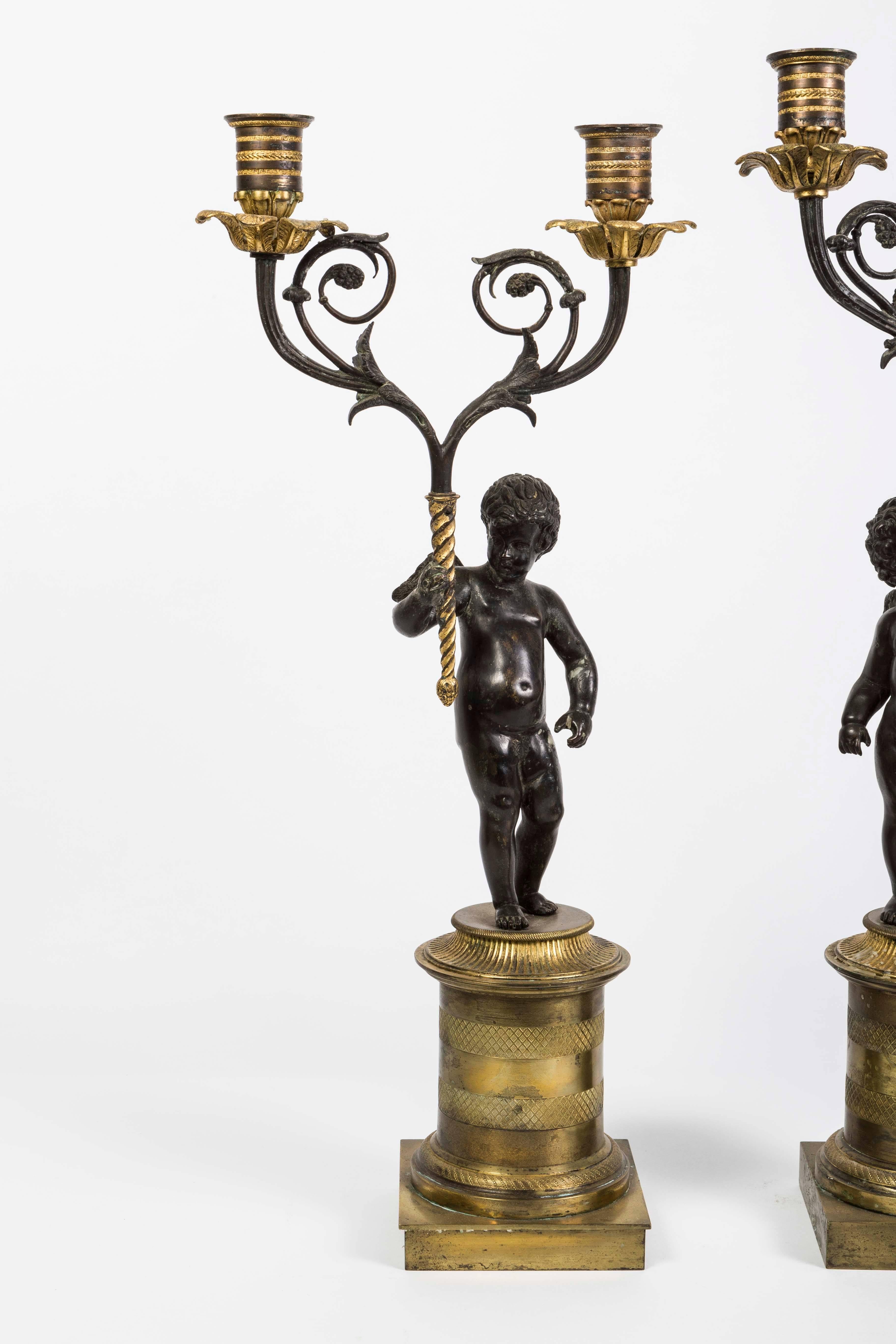 French Pair of Bronze Doré Cherub Candlesticks, 19th Century