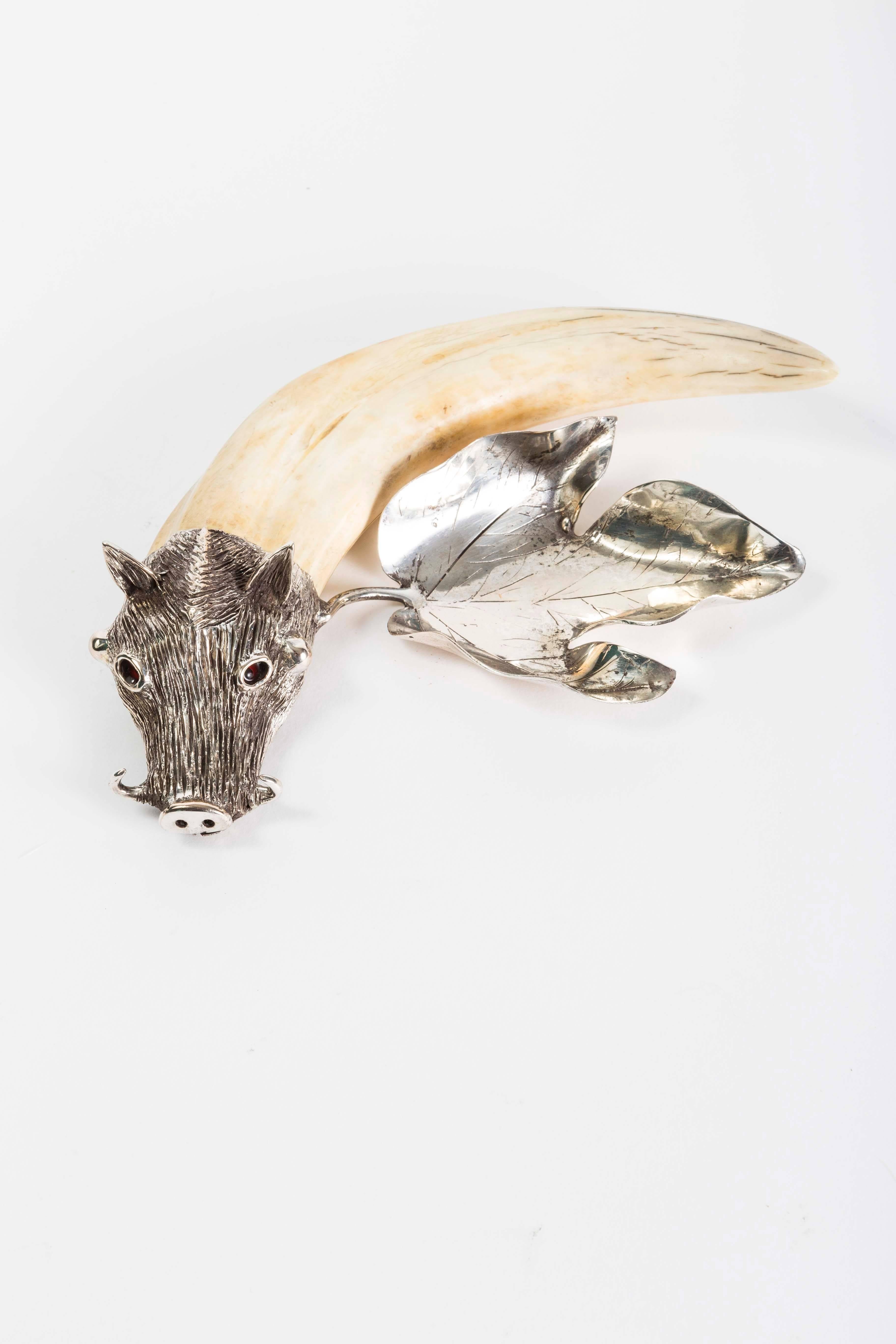 19th Century Horn and Silver Leaf Cork Holder with Boar Head