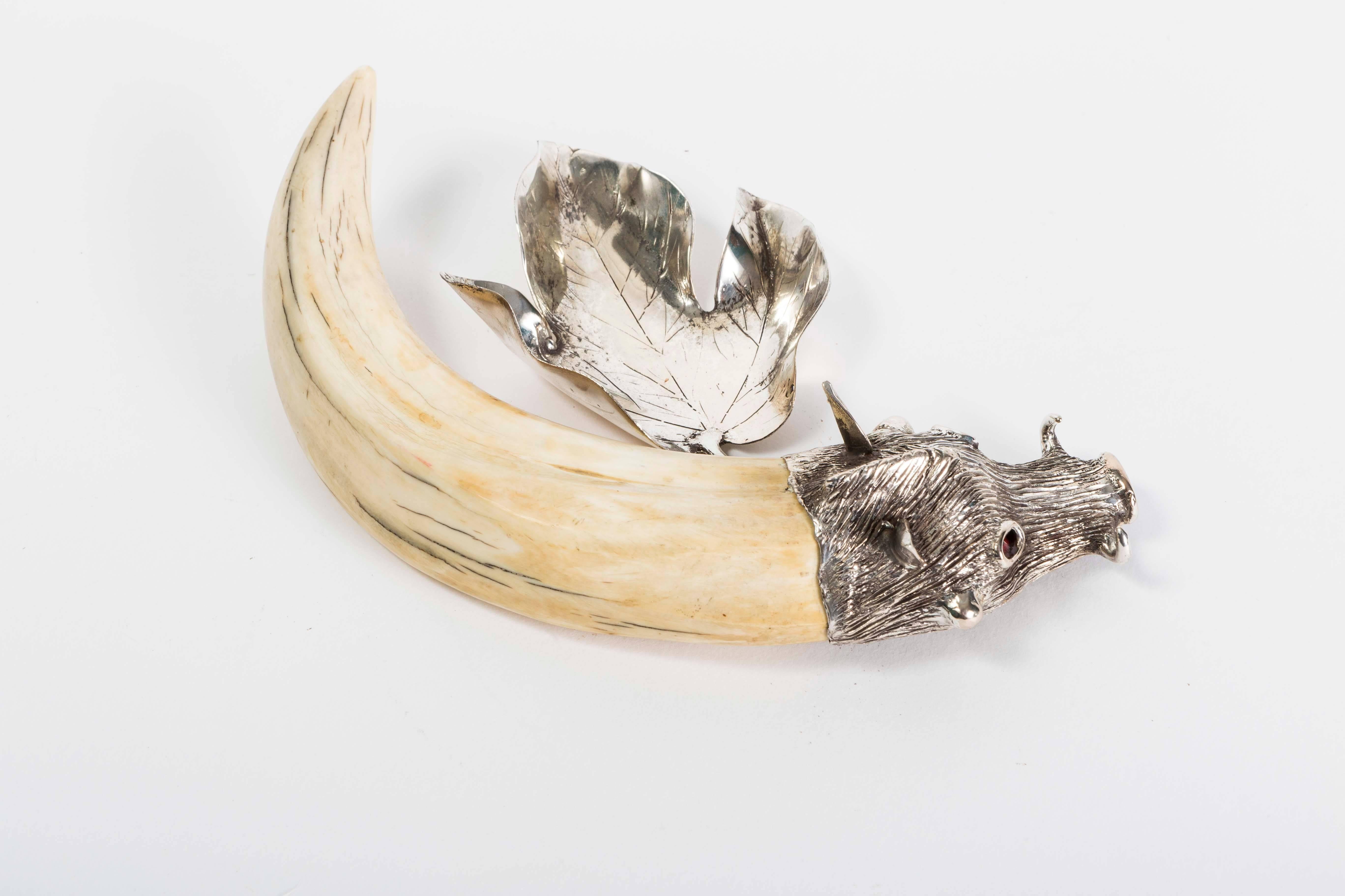 English Horn and Silver Leaf Cork Holder with Boar Head