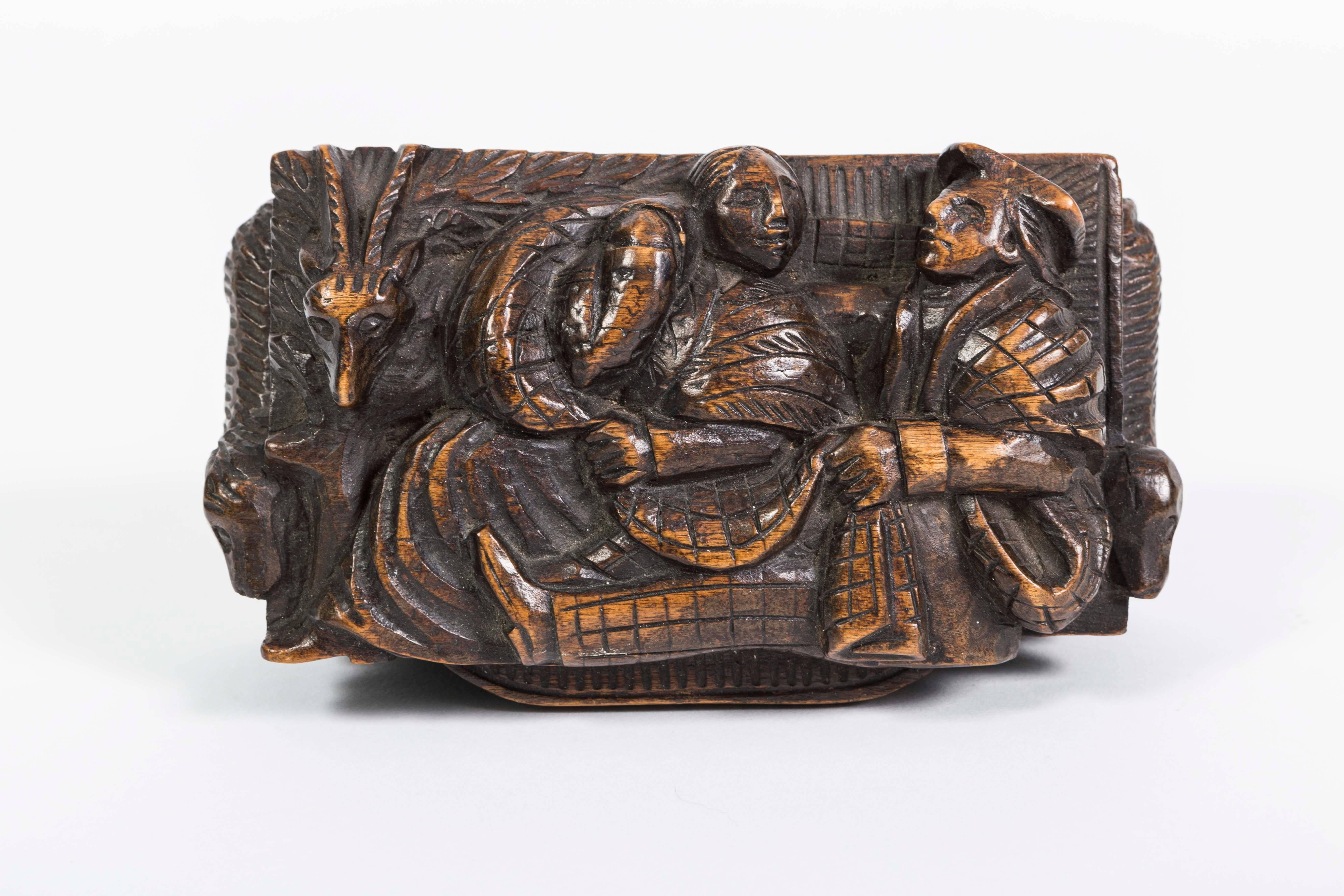 Hardwood 19th Century Hand-Carved Wooden Box with Fox, Dogs and Men For Sale