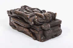 19th Century Hand-Carved Wooden Box with Fox, Dogs and Men