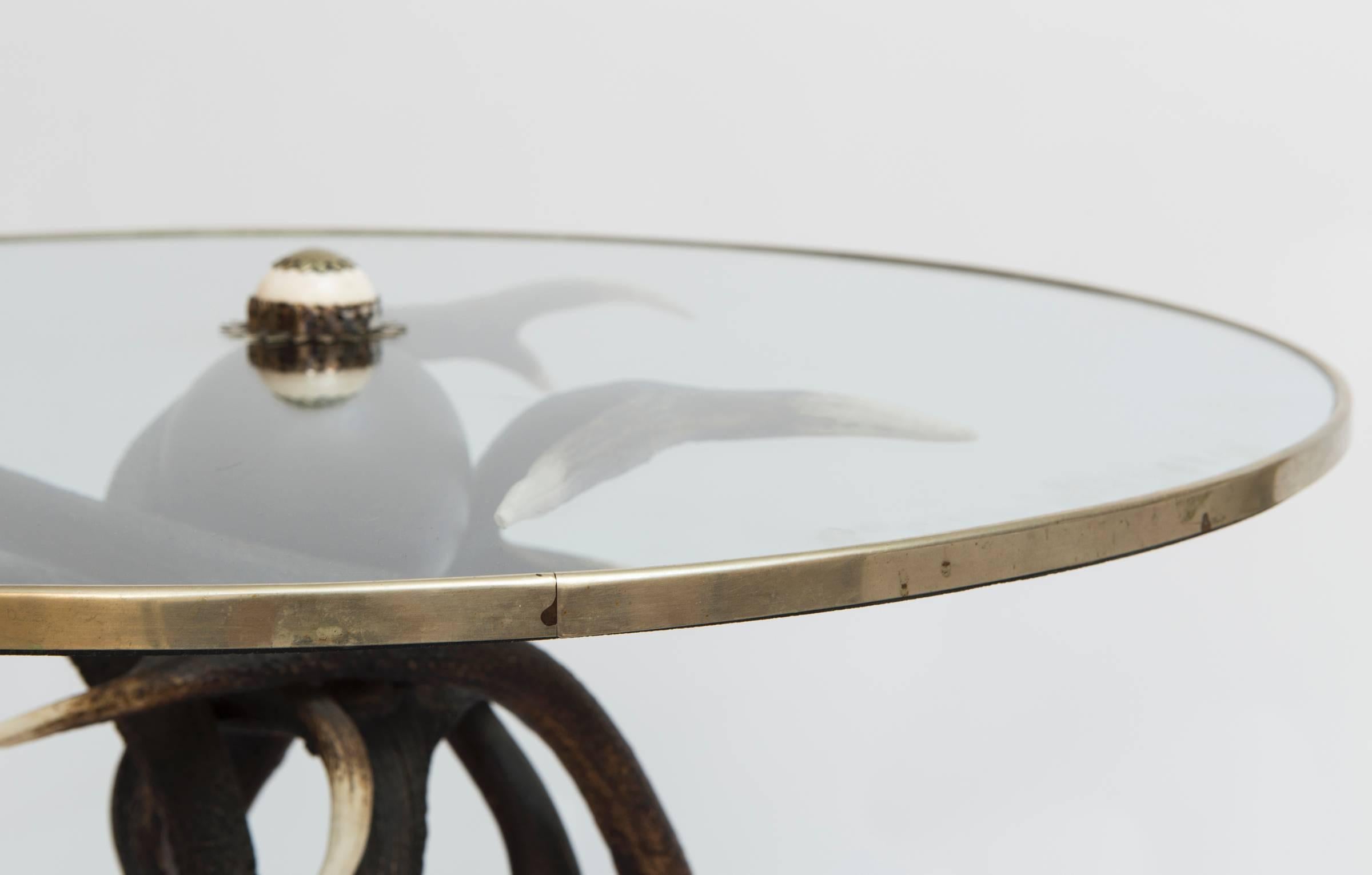 19th Century Antler Based Side Table with Glass Top in Brass Rim In Excellent Condition For Sale In Nashville, TN