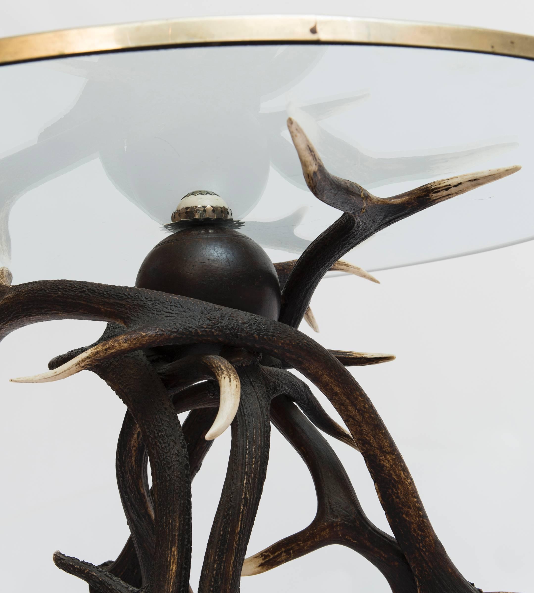 19th Century Antler Based Side Table with Glass Top in Brass Rim For Sale 1