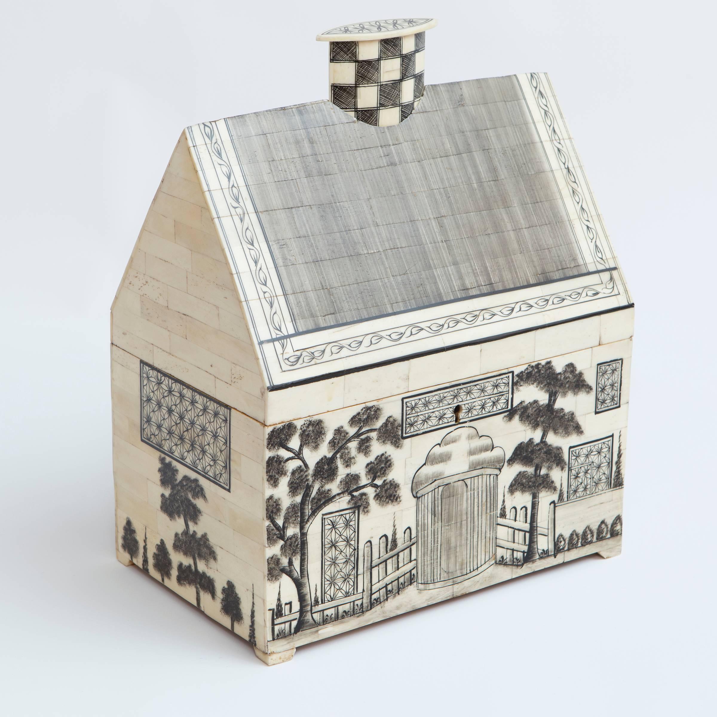 Decorative bone box in the shape of a house in the style of Anglo-Indian.