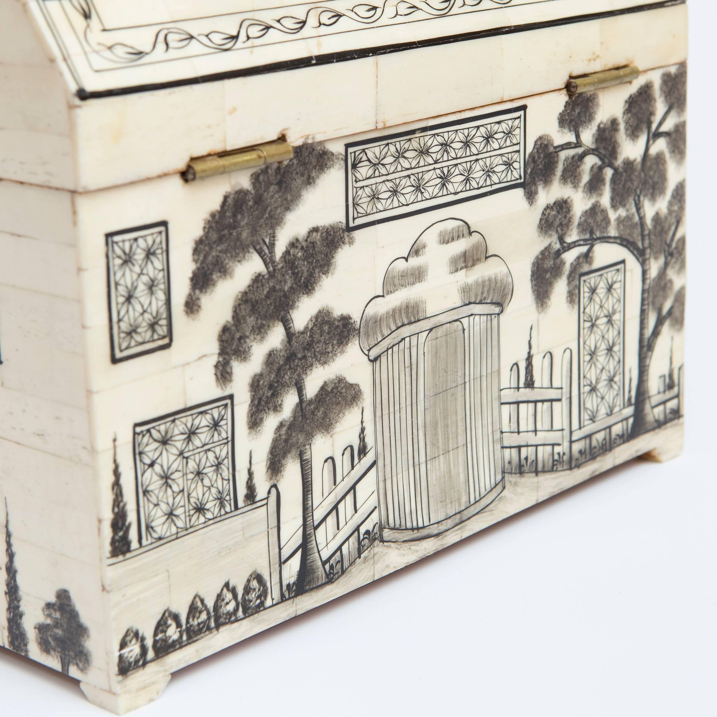 Anglo-Indian Style Engraved Bone House Box 1