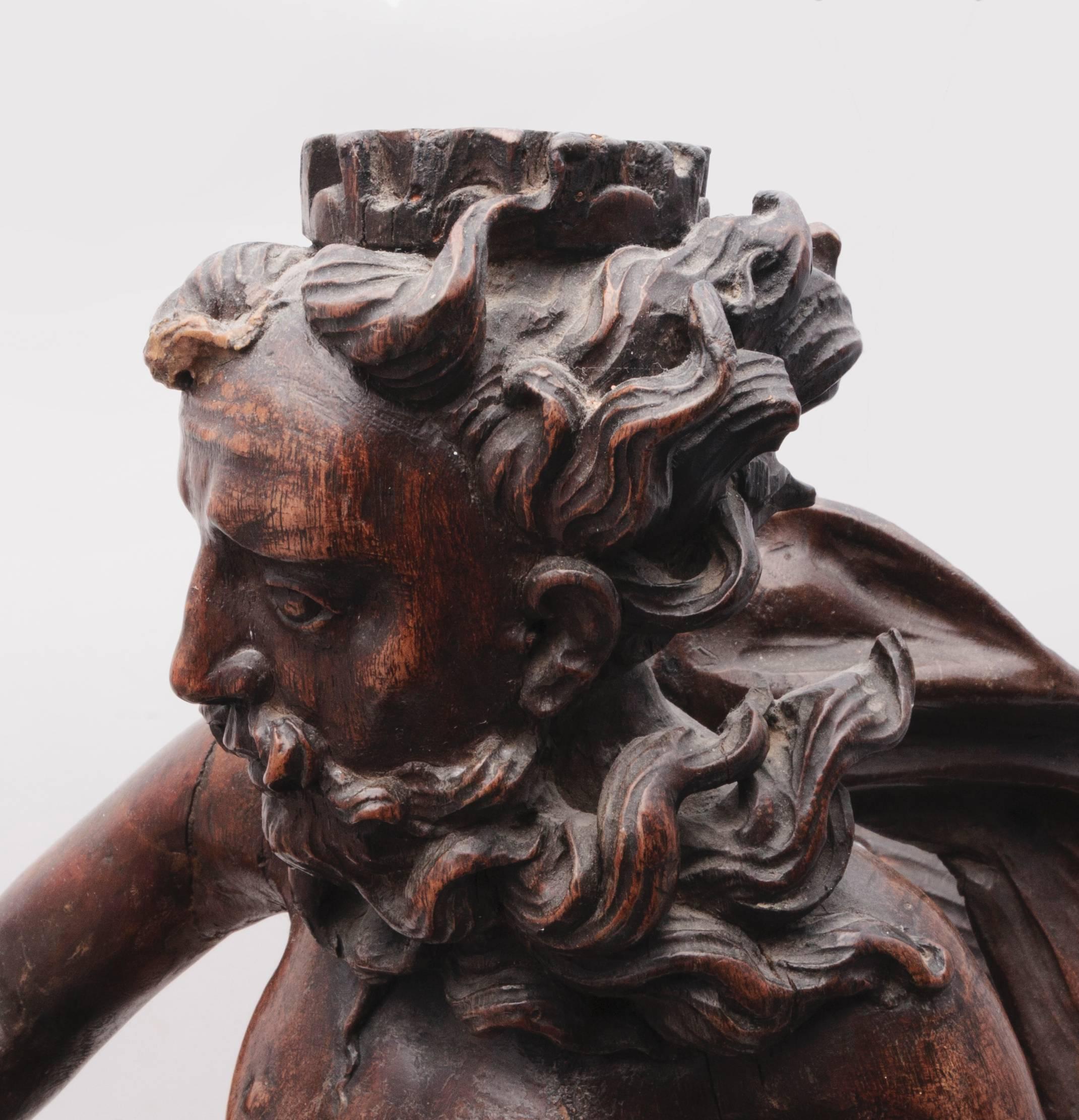 Beautiful 18th Century Wood Carved Figure of Poseidon.  Poseidon was the Olympian god of the sea, earthquakes, floods, drought and horses.
He was depicted as a mature man with a sturdy build and dark beard holding a trident (a three-pronged