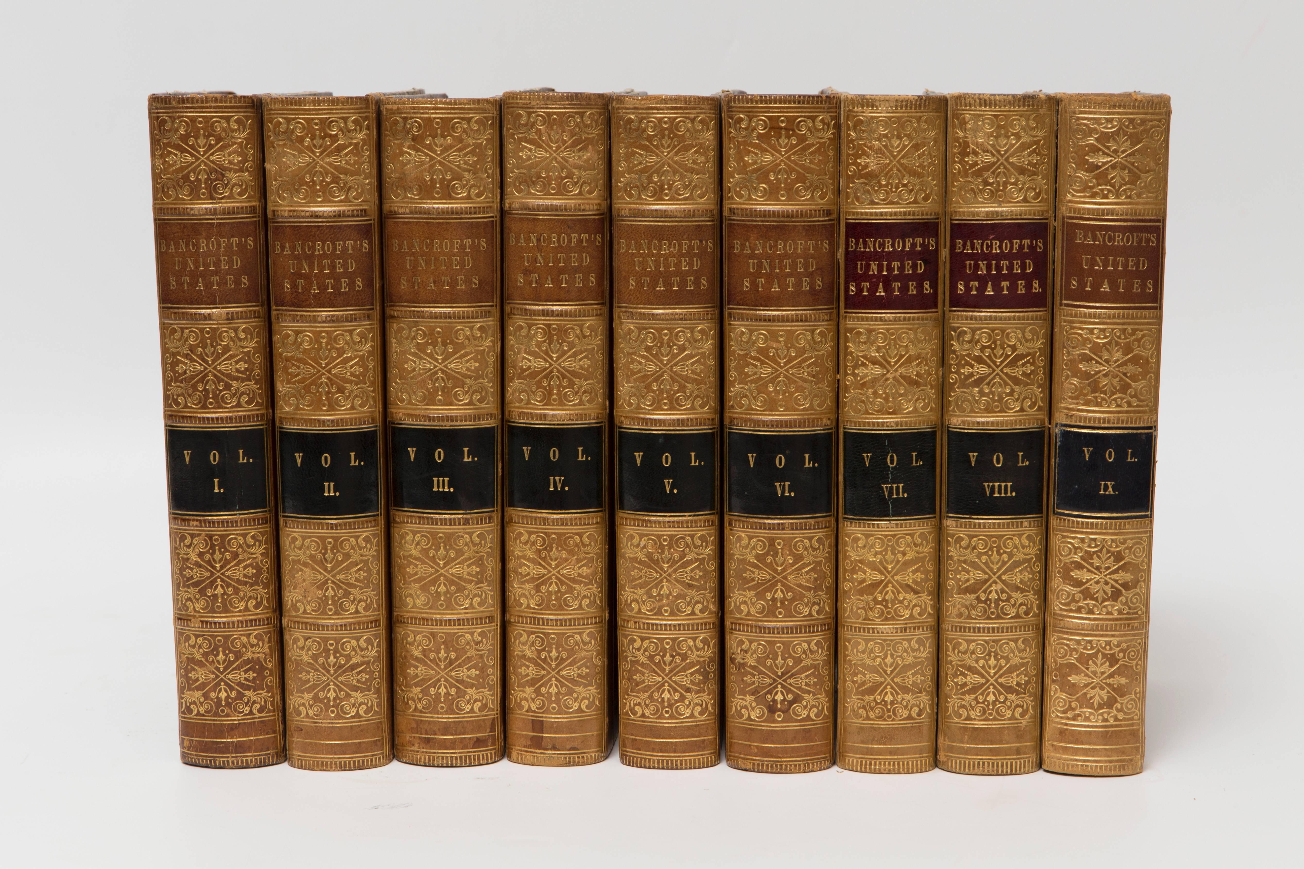 History of the United States from the Discovery of the American Continent by George Bancroft 15th edition. Boston: Little, brown and company 1856.
Very Pretty gold Spines.
