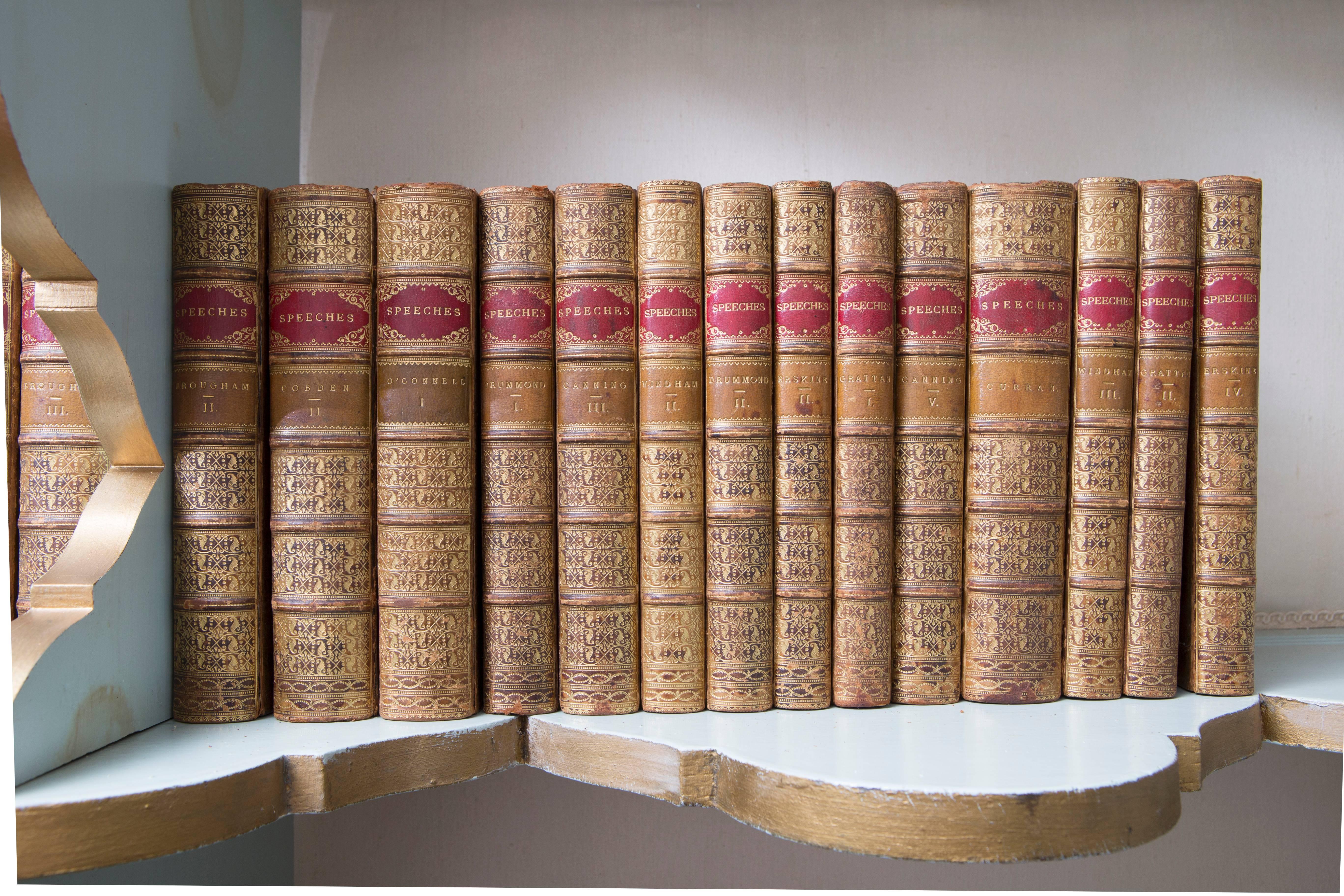 A stunningly crafted collection of books entitled Speeches. Each volume contains a compilation of speeches by political figures in Europe during the 1800s, including Brougham, Cobden, Grattan, O'Connell and Windham. The collection contains 29 books,