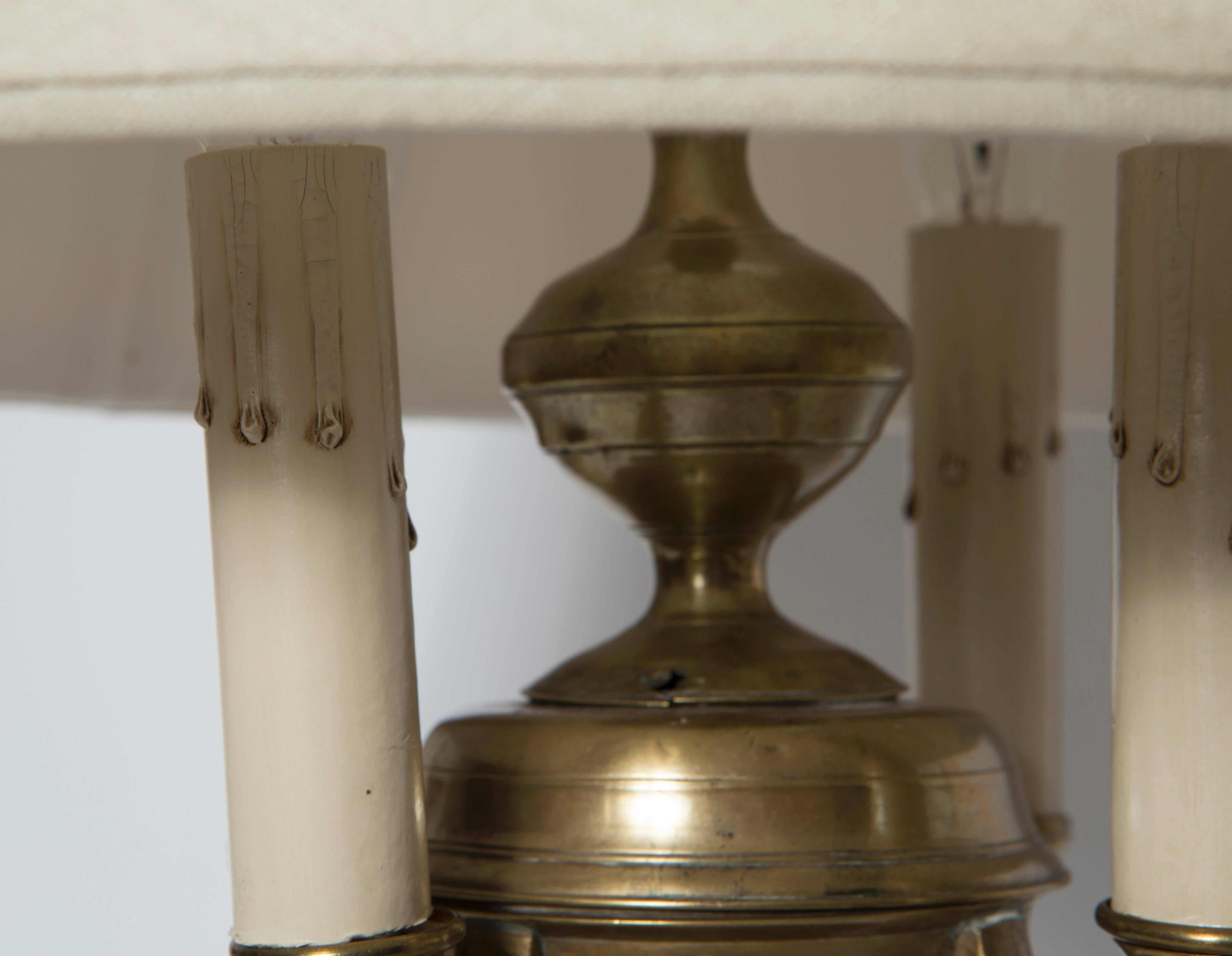 Late 19th century brass candelabra lamp with shade.