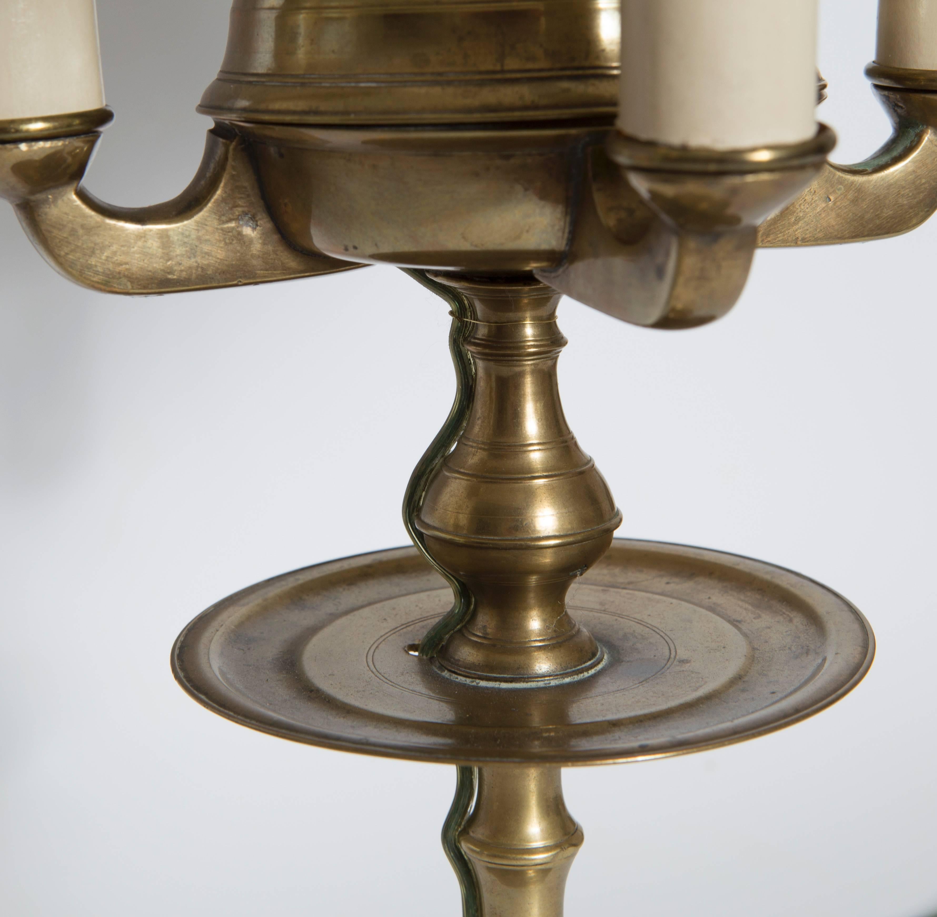 19th Century Brass Candelabra Lamp with Shade  In Good Condition For Sale In Nashville, TN