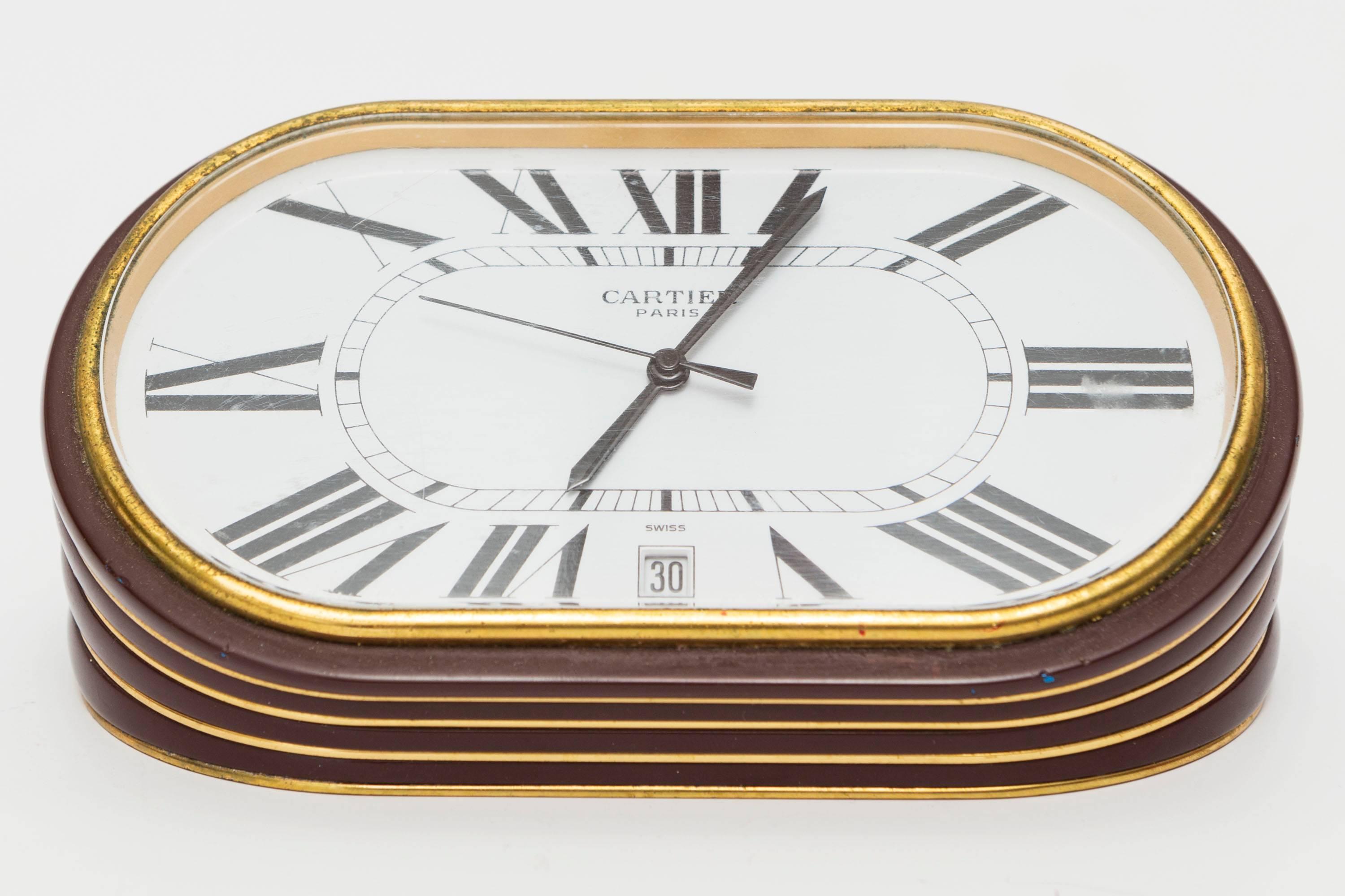 French Cartier Concours Desk Clock with Original Red Leather Case