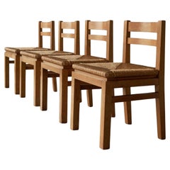 Set di 4 sedie da pranzo belghe del Mid Century Modernist in Oak e Paglia 1960